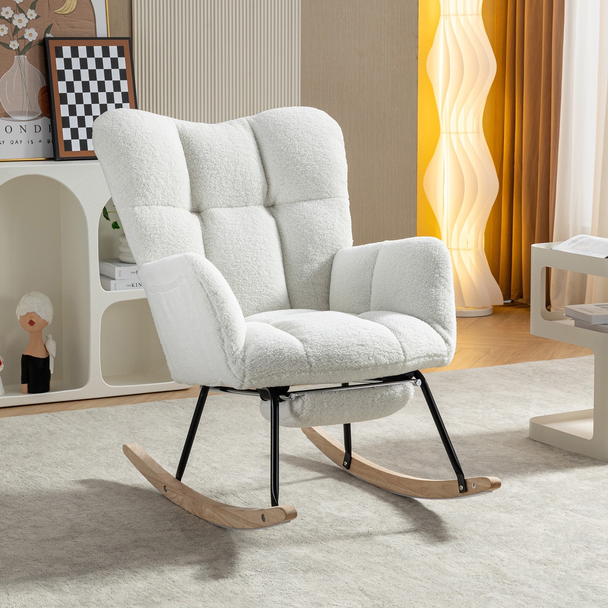 Horizons Prime 37 to 49 inch x 26 inch x 35 inch to 36 inch Ivory Teddy Fabric Leisure Rocking Chair with Adjustable Footstool and Side Pocket
