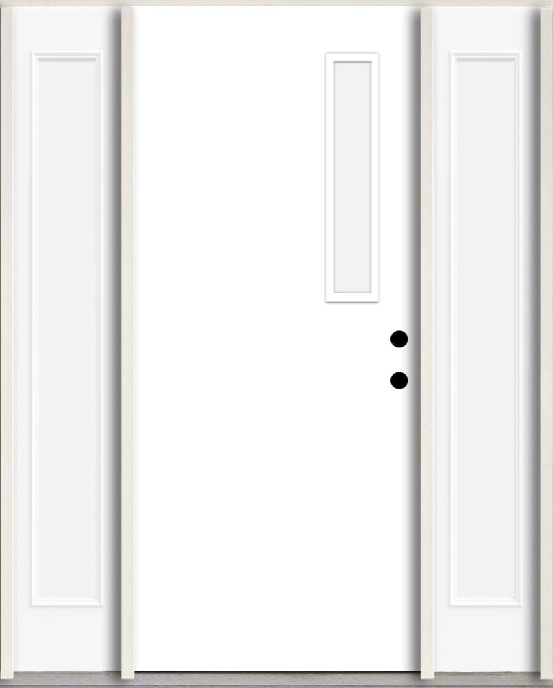 RELIABILT LO1063364 Spotlights 56-in x 80-in x 4-5/8-in Fiberglass 1/4 lite Left-hand inswing Modern White Paint Painted Prehung Front Door with Sidelights Insulating core