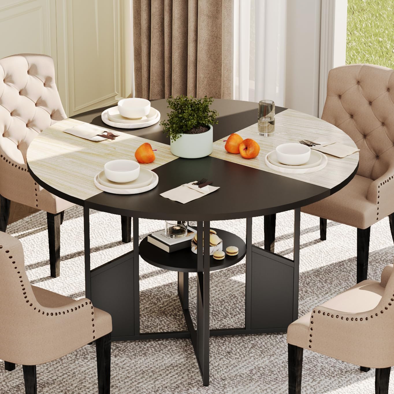 Qeetex 47 Inch Round Dining Table for 4-6 People-Modern Farmhouse Wooden Circle Kitchen Table with Storage Shelf Waterproof Tabletop Sturdy Metal Legs Cross Pedestal Base Breakfast Nook Furniture