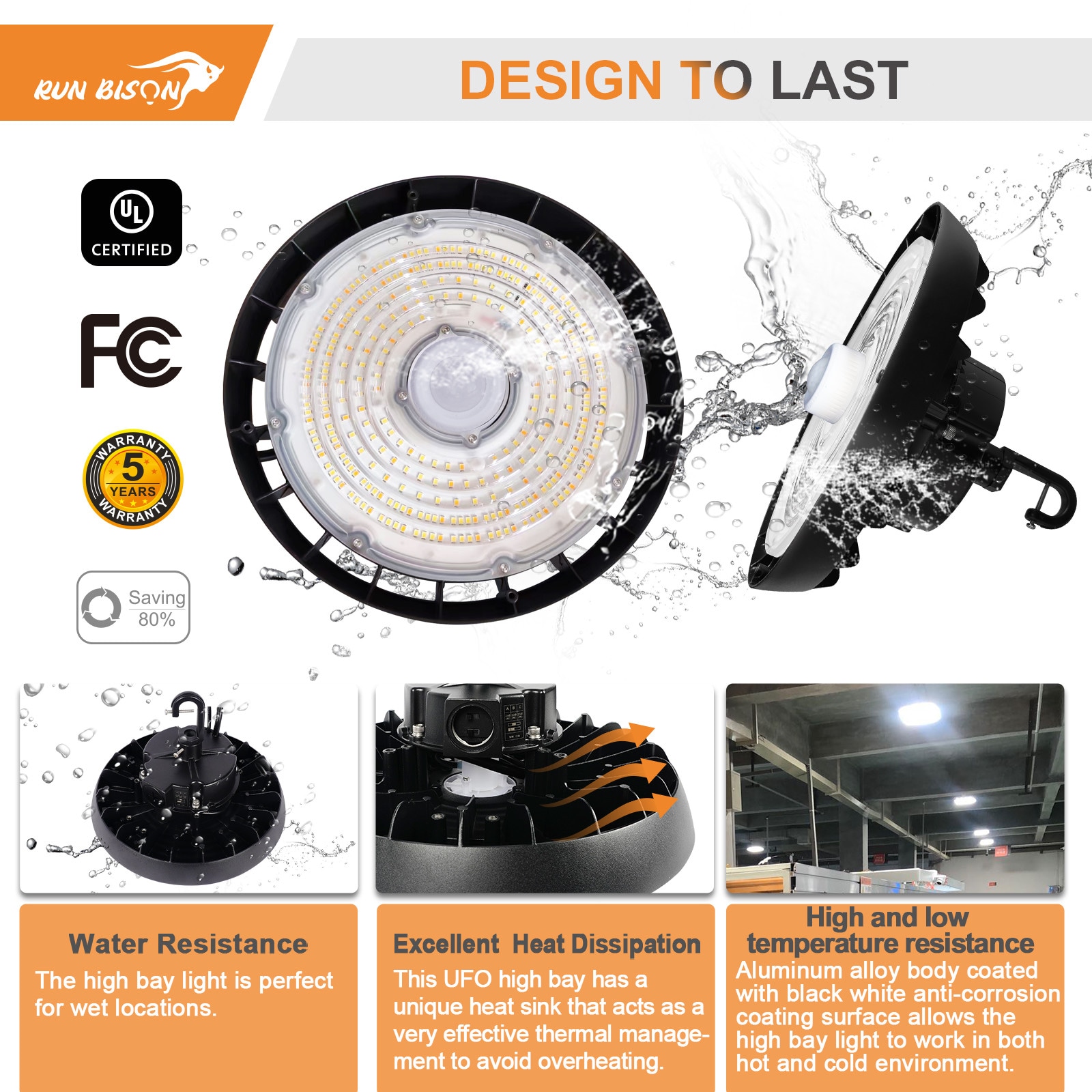 RUN BISON 4PK Black UFO LED High Bay Light with Motion Sensor 100W 125W ...