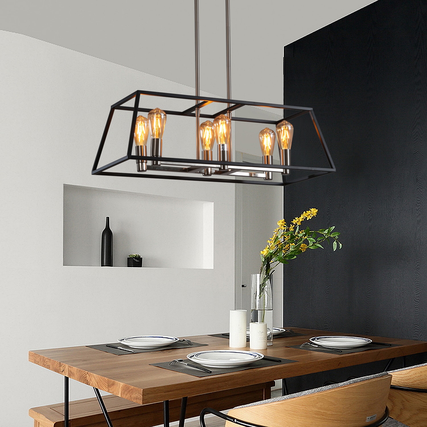 Cedar Hill 6-Light Black Farmhouse Square Large Hanging Pendant Light ...