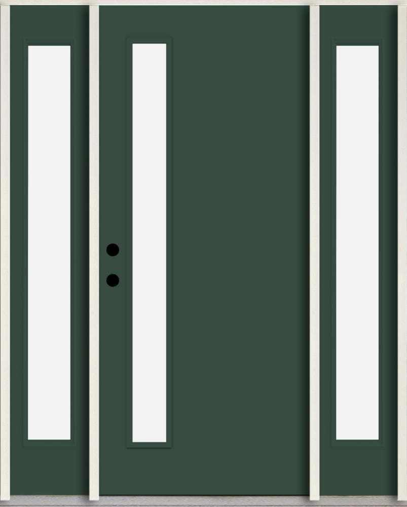 RELIABILT LO1065103 Spotlights 56-in x 80-in x 4-5/8-in Fiberglass 1/4 lite Right-hand inswing Evergreen Paint Painted Prehung Front Door with Sidelights Insulating core