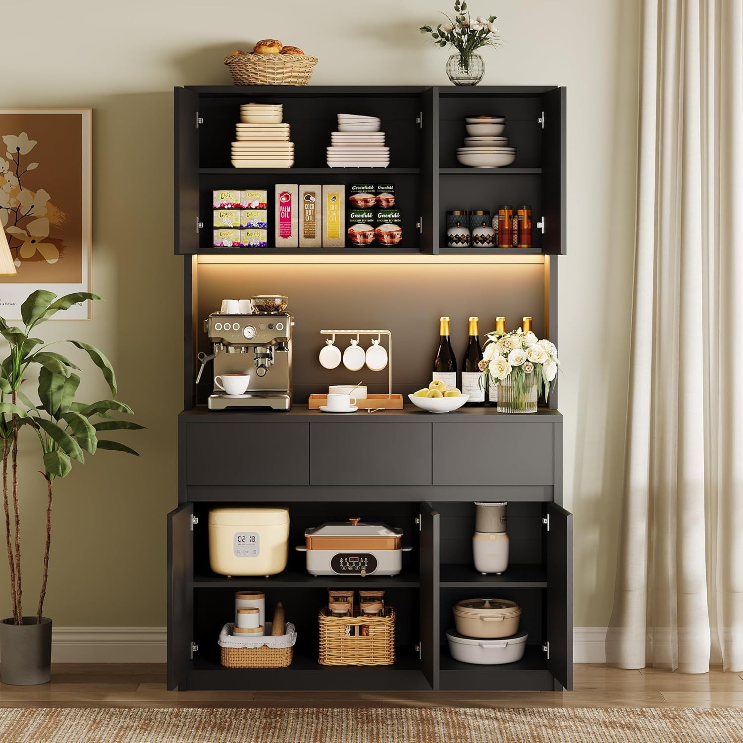 Der Rose 70Inch Black Pantry Cabinet with Charging Station and Open ...