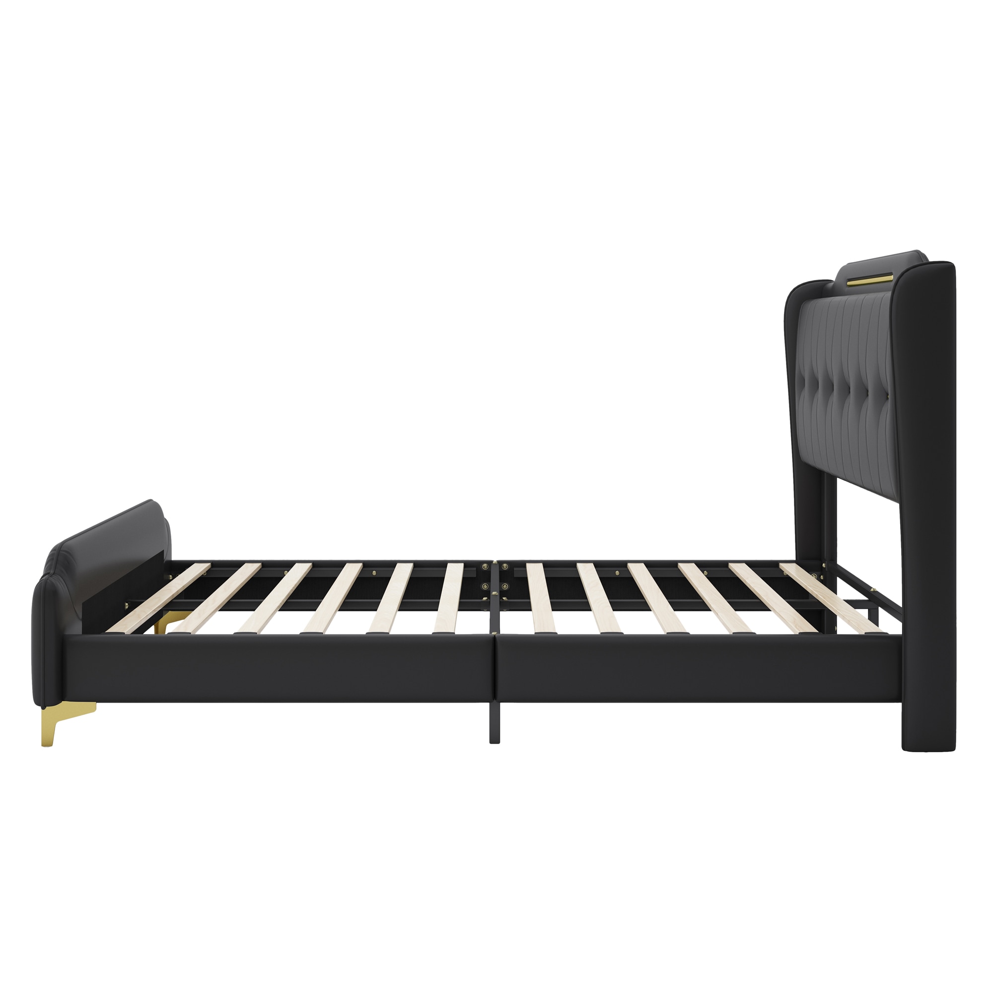 Black Faux Leather Queen Bed with Wingback Headboard and Gold Accents