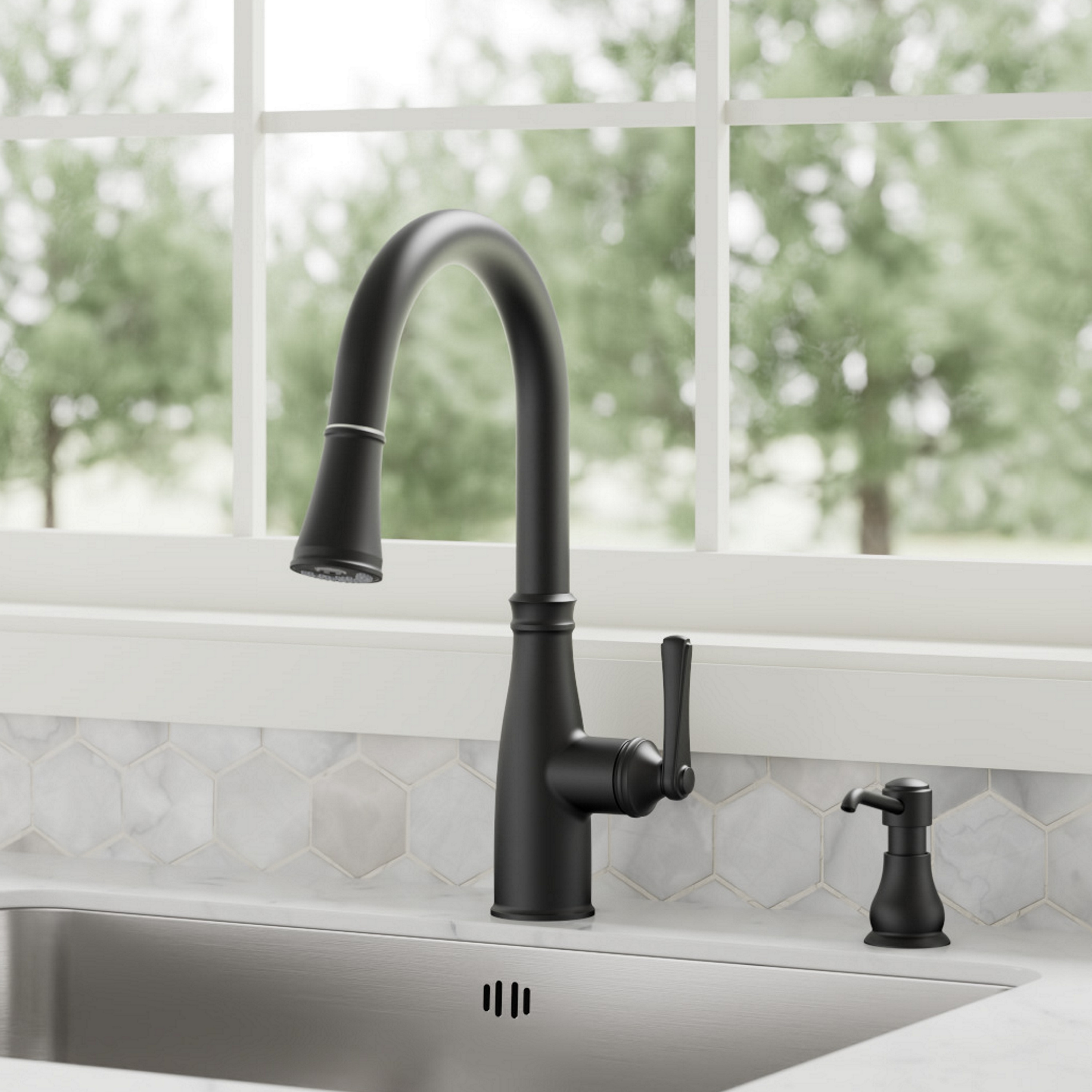 allen + roth FP1B4220BL Albers Matte Black Single Handle Deck-mount Pull-down Kitchen Faucet with Sprayer ( Deck Plate Included ) (Soap Dispenser Included)