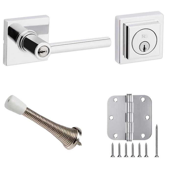 RELIABILT  Ashwood Polished Chrome Universal Keyed Entry Door Handle and Single Cylinder Deadbolt with matching 3-1/2-in H x 5/8-in Radius Interior Door Hinge and Door Stop Set