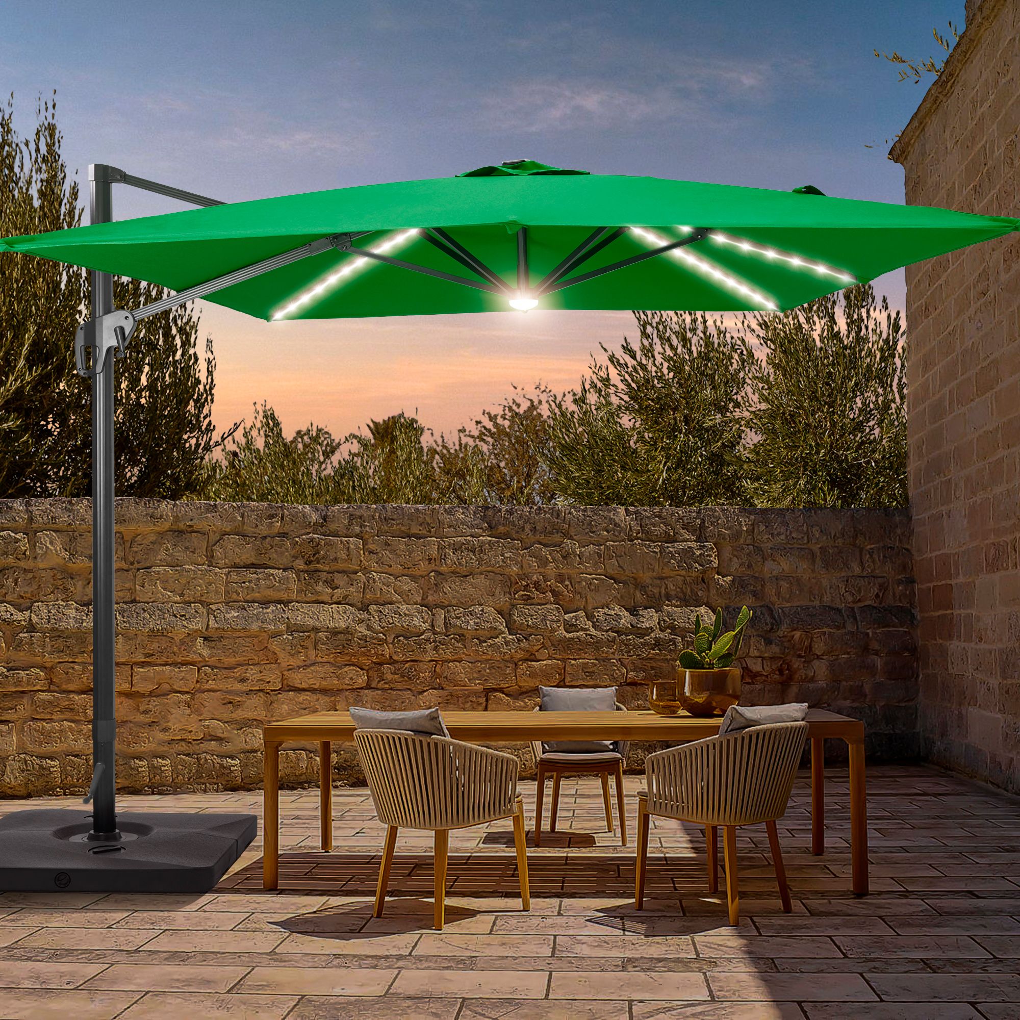 Sonkuki SD-ZD2735KG-LED 11.5-Feet Aluminum Green No-tilt Cantilever Patio Umbrella with Lights and with Base