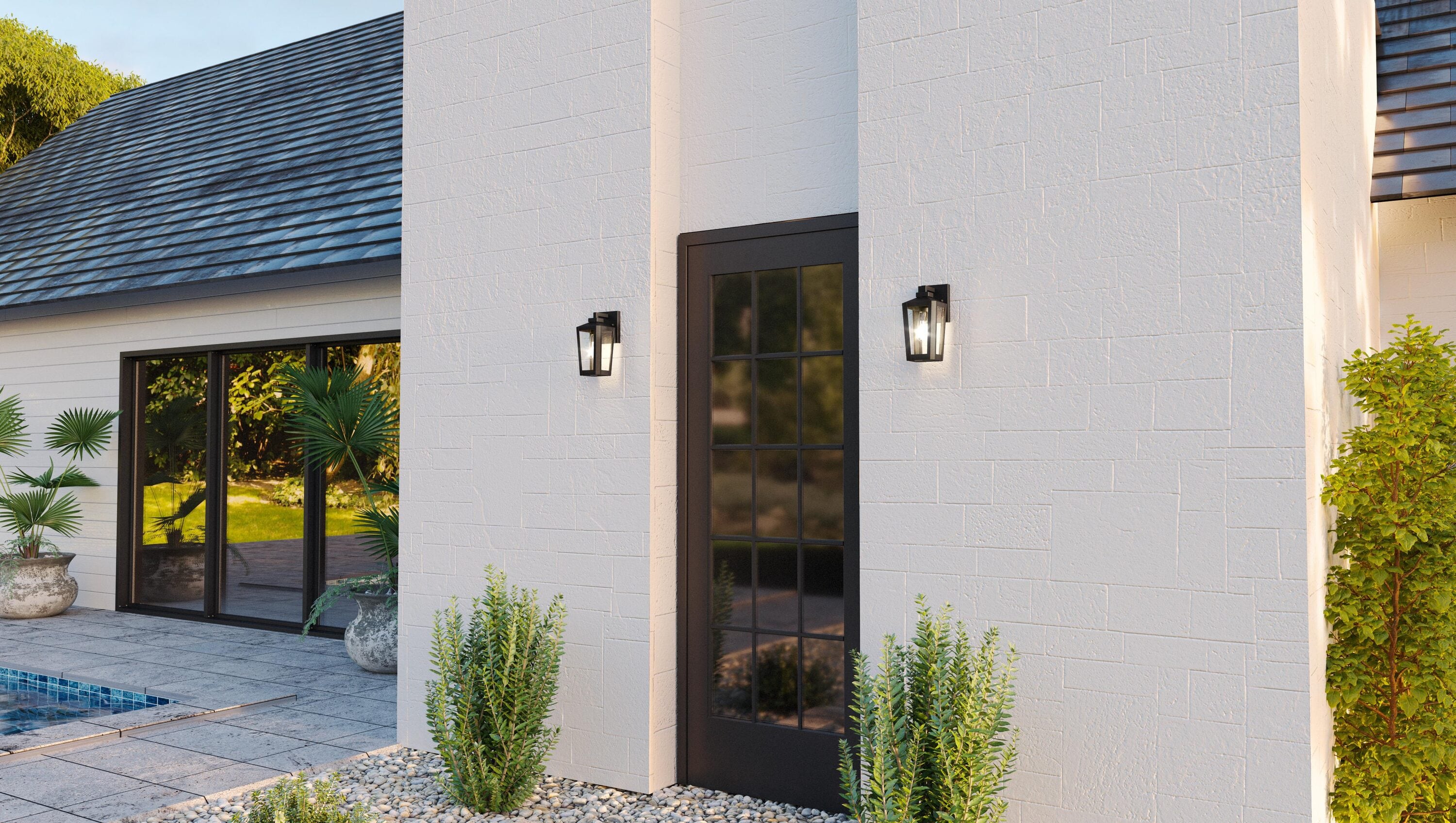 Matte Black Steel Lantern Sconce with Clear Glass Panels