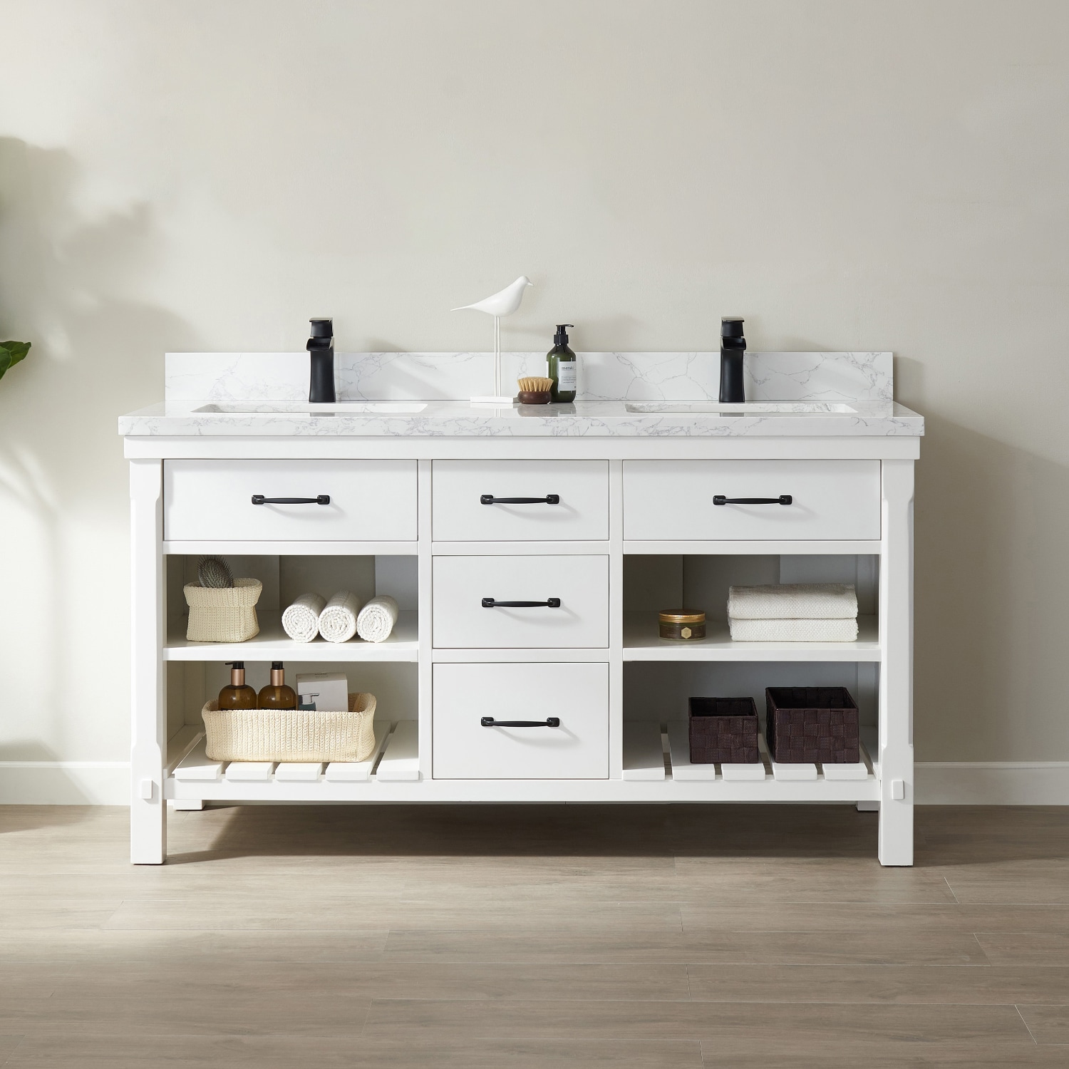 Vinnova Valencia 60-in White Faux Stone Top Double Sink Bathroom Vanity ...