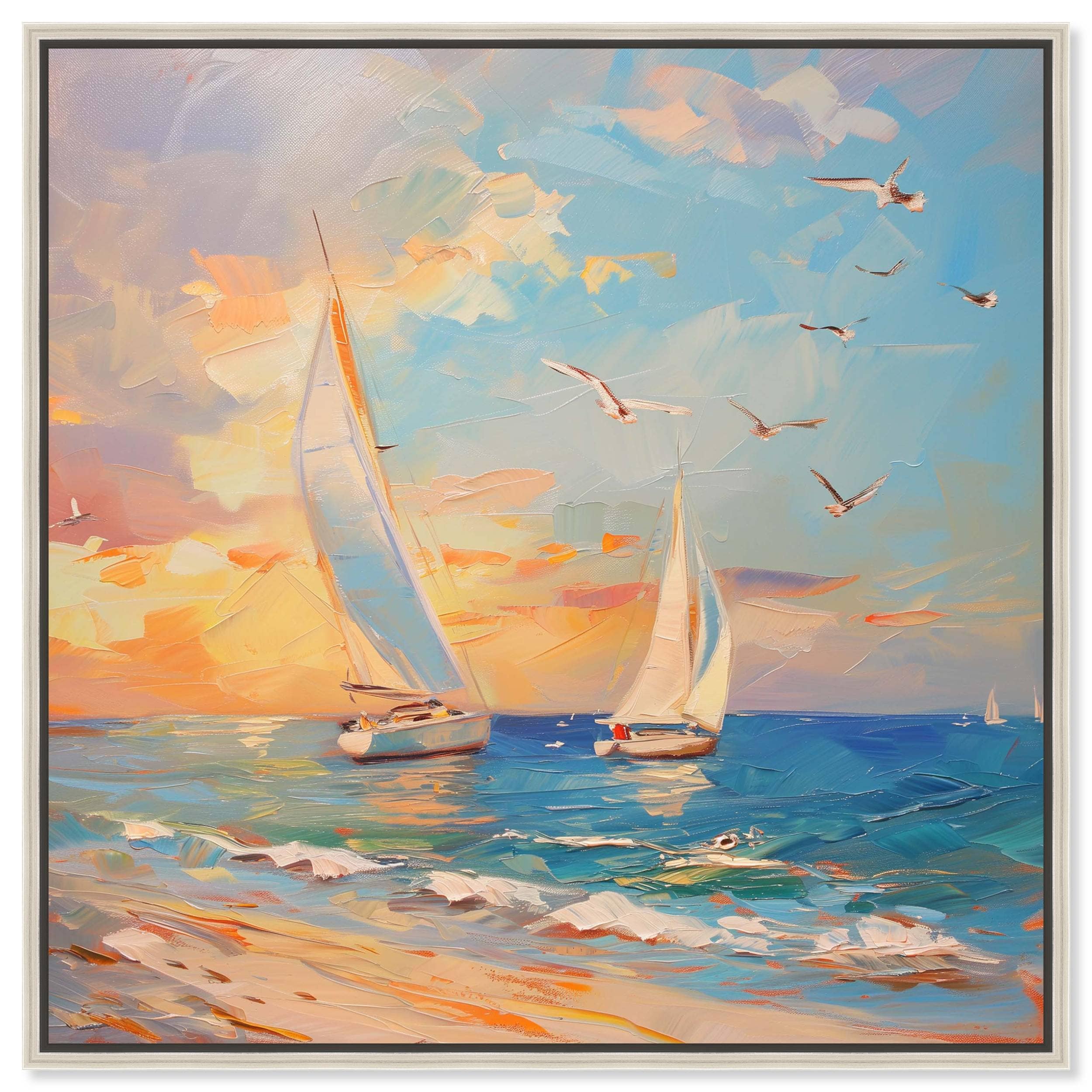 Art Remedy 005605700Y25C24 Sailboats in the Sunset Coastal Print by  Silver Frame 12 x 12