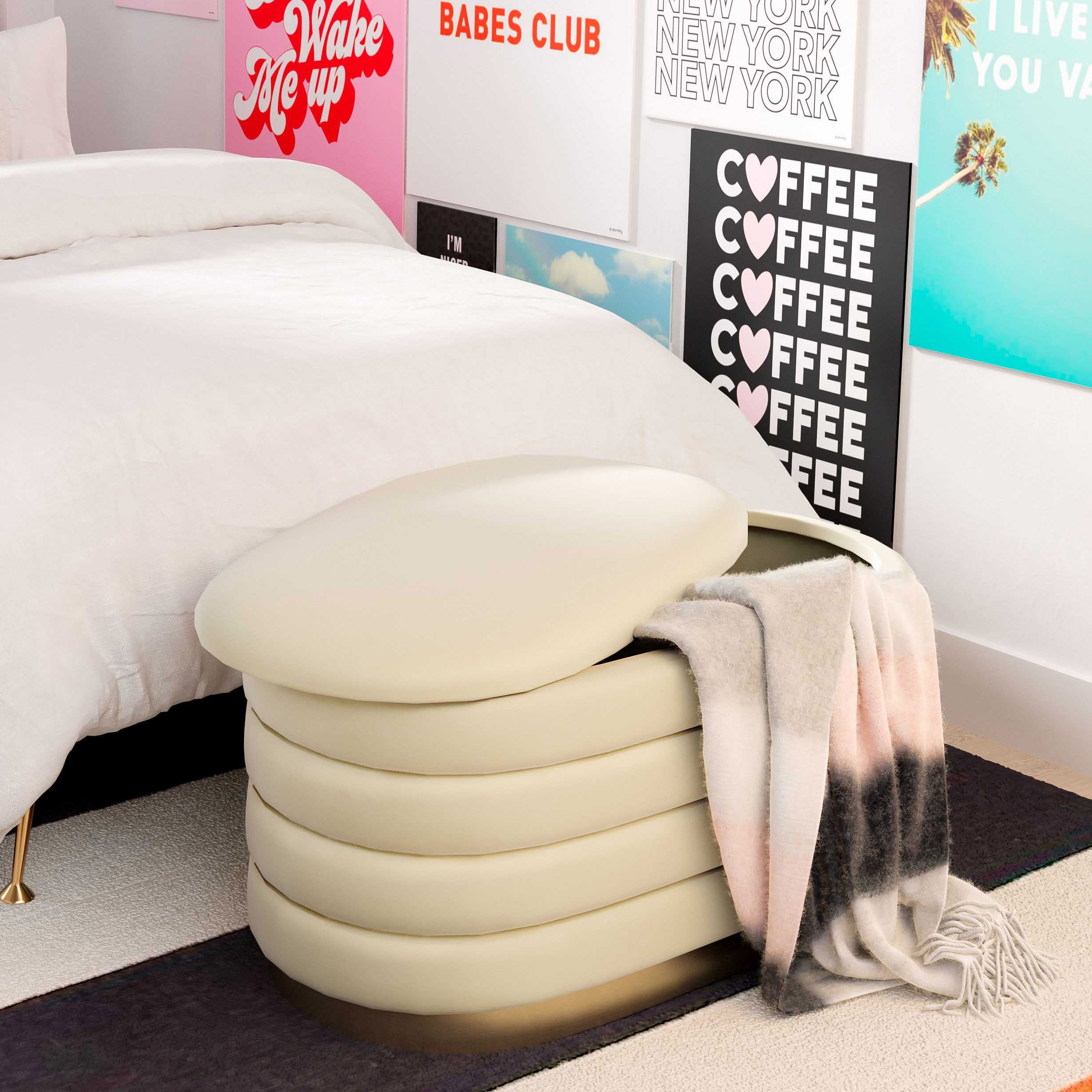 Cream Velvet Storage Bench with Gold Base