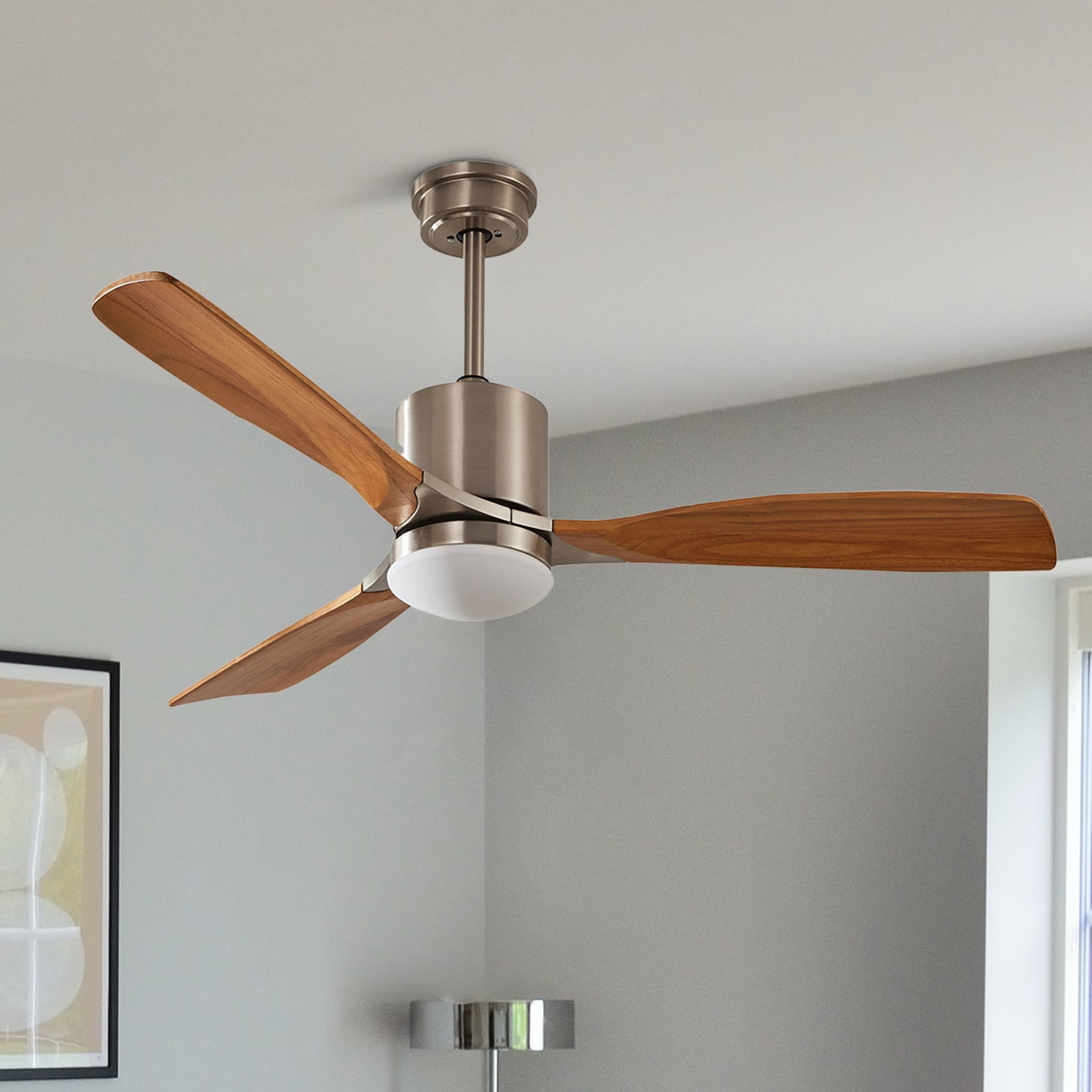 ExBrite ZPJSFL5204DKGDXXX Fresco 52-Inches Light brown with Wood Blades Color-Changing Indoor Downrod mount Pendant Ceiling Fan With Light and Remote ( 3 -Blade)