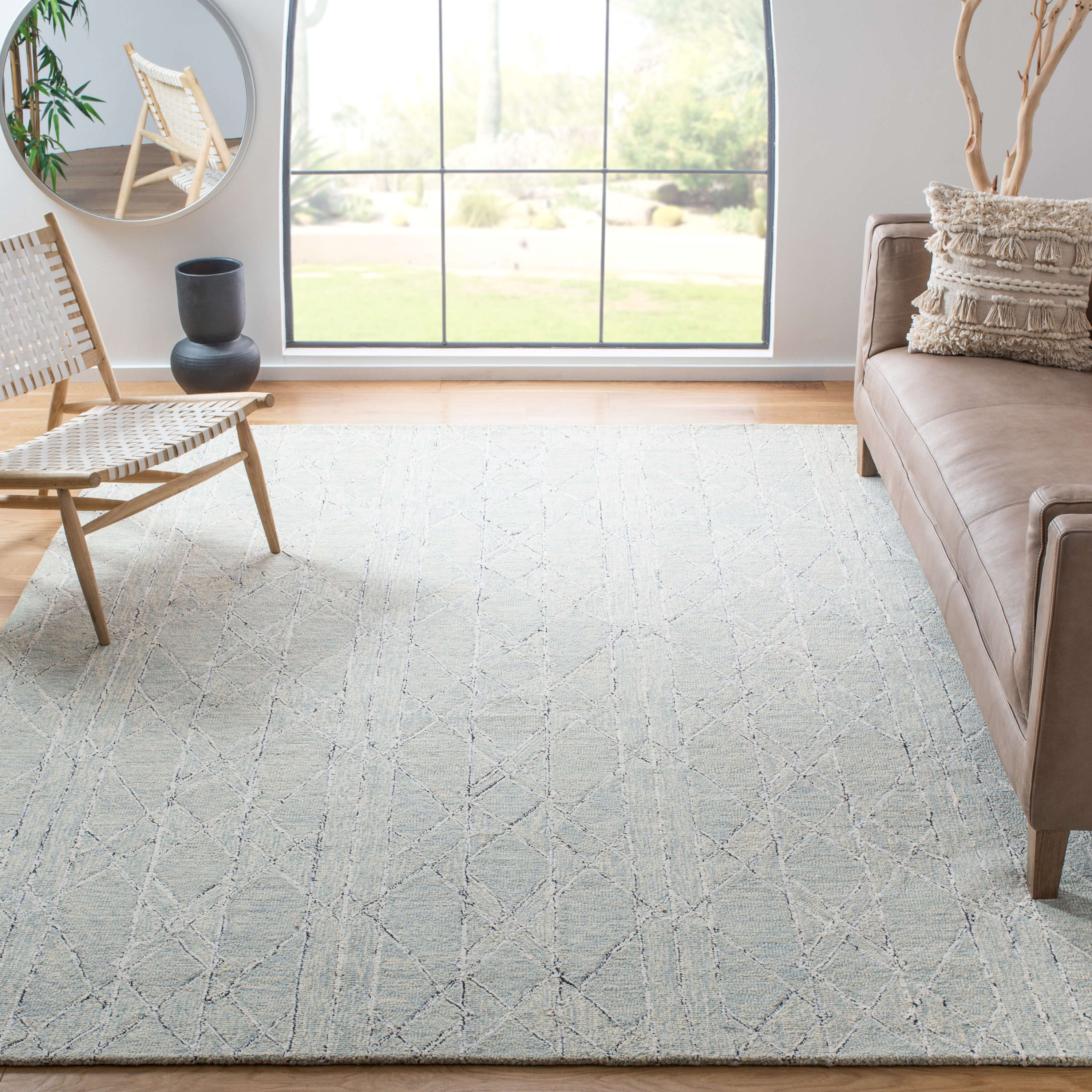 Handmade Light Blue Wool Tufted Reversible Square Rug