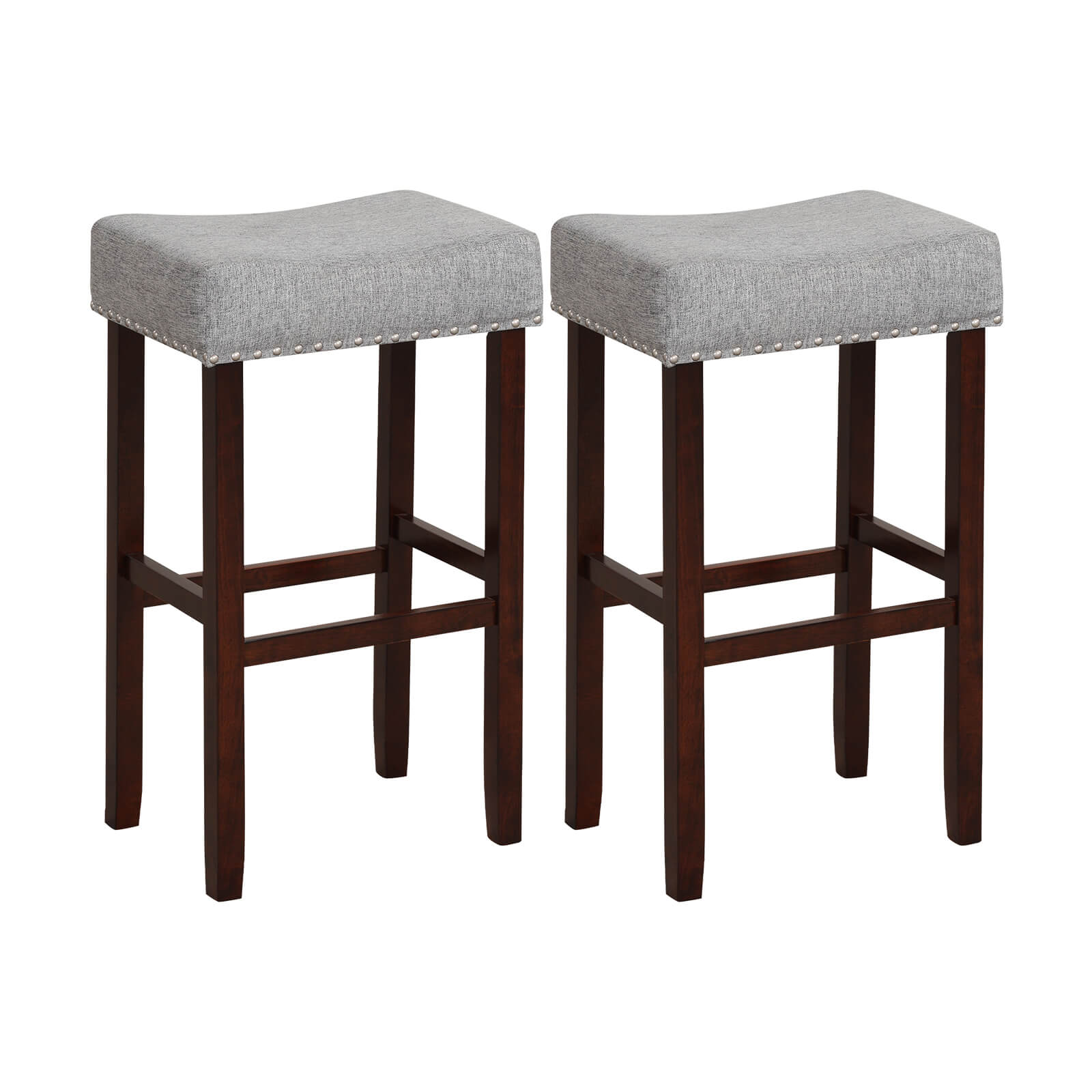 Fenbeli - Set of 2 Upholstered Saddle Bar Stools with Linen Cushions and Solid Rubber Wood Frame ...