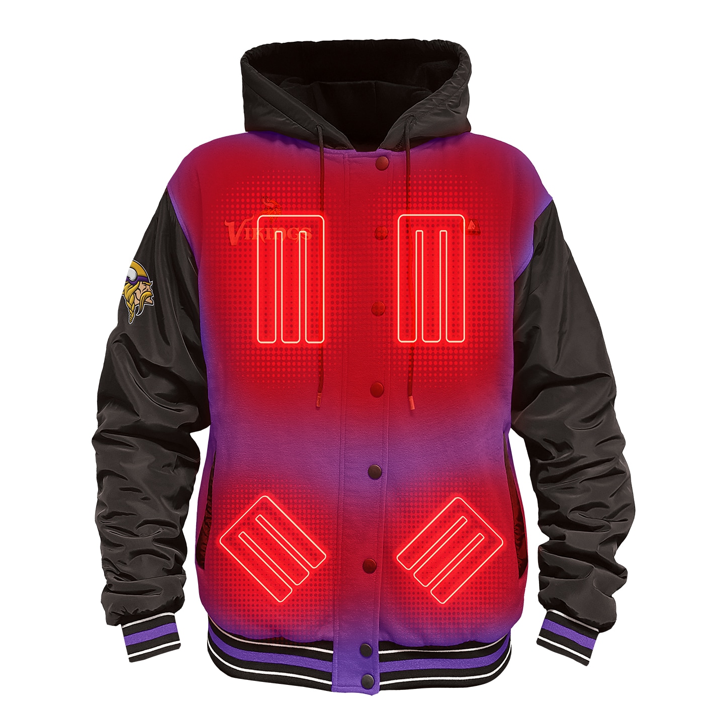 ActionHeat AHMIN5VJ-MPBXXL Minnesota Vikings 5V Heated Varsity Jacket Adult unisex Black/Purple Hooded Insulated Heated jacket ( 2XL )
