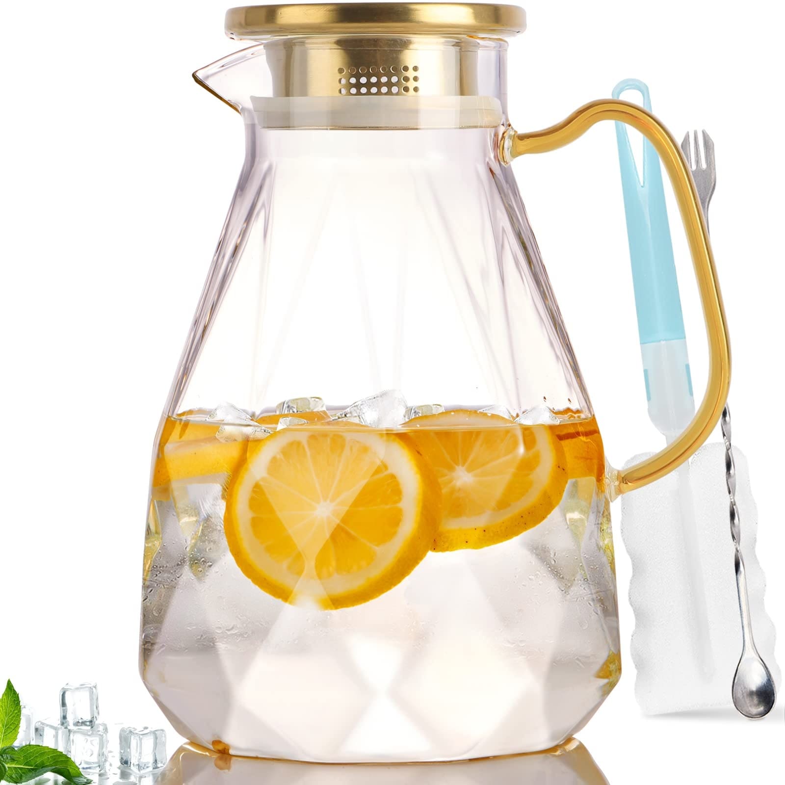 Anqtovp  Glass Pitcher 2 Quart Water Jug with Lid High Borosilicate for Hot or Cold Beverages Iced Tea Juice Milk Carafe for Fridge Diamond