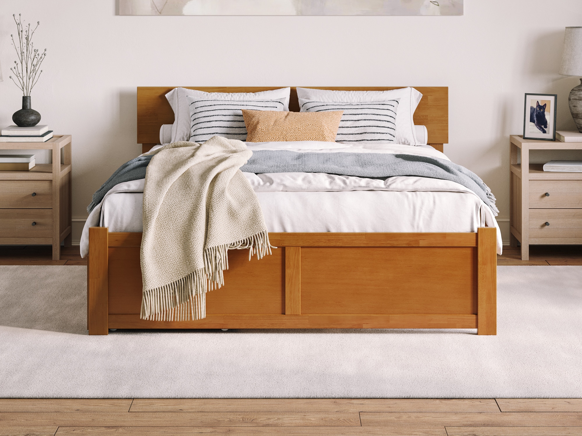 Light Toffee Queen Wood Platform Bed with Storage Drawers