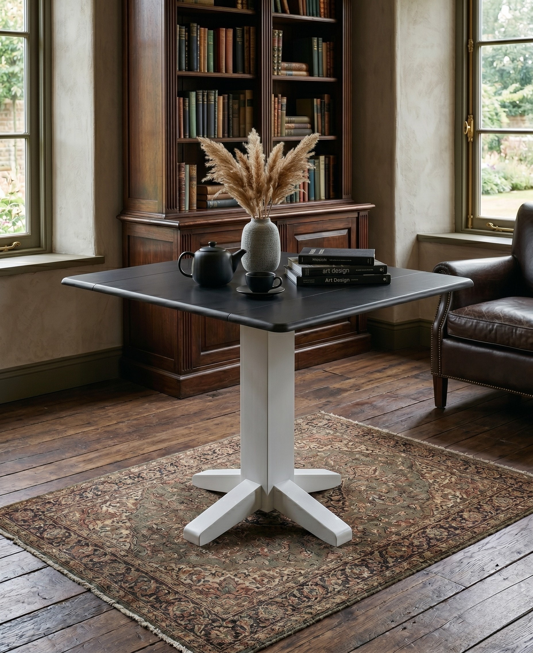 International Concepts White/Heather Gray Traditional Extending Drop leaf Wood Dining Table, with White/Heather Gray Finish and Wood Pedestal Base 36-in L x 30-in H