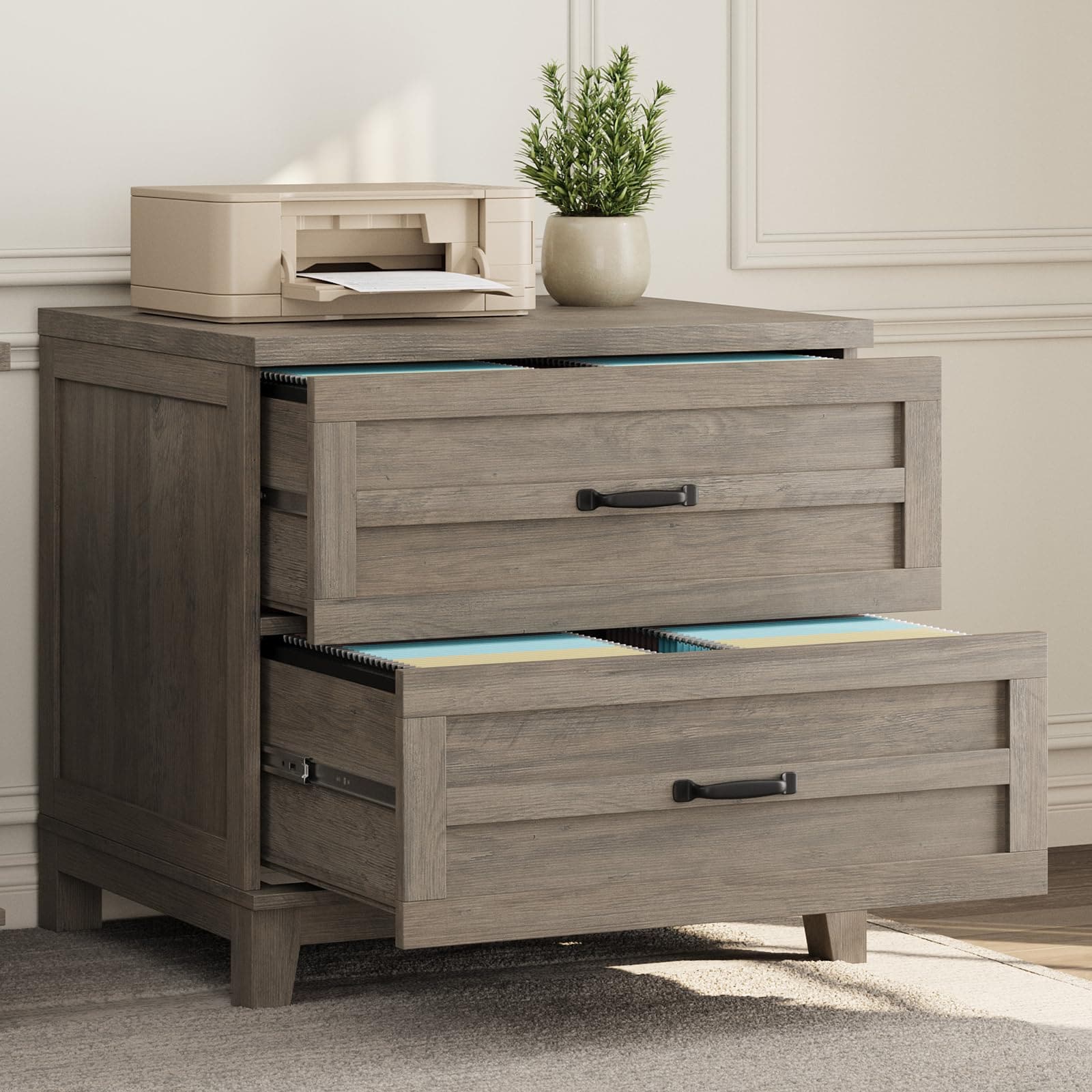 Garvee Farmhouse Lateral File Cabinet with 2 Drawers Rustic Wood Storage Organizer for Legal Letter A4 Files Large Capacity Home Office Grey Walnut