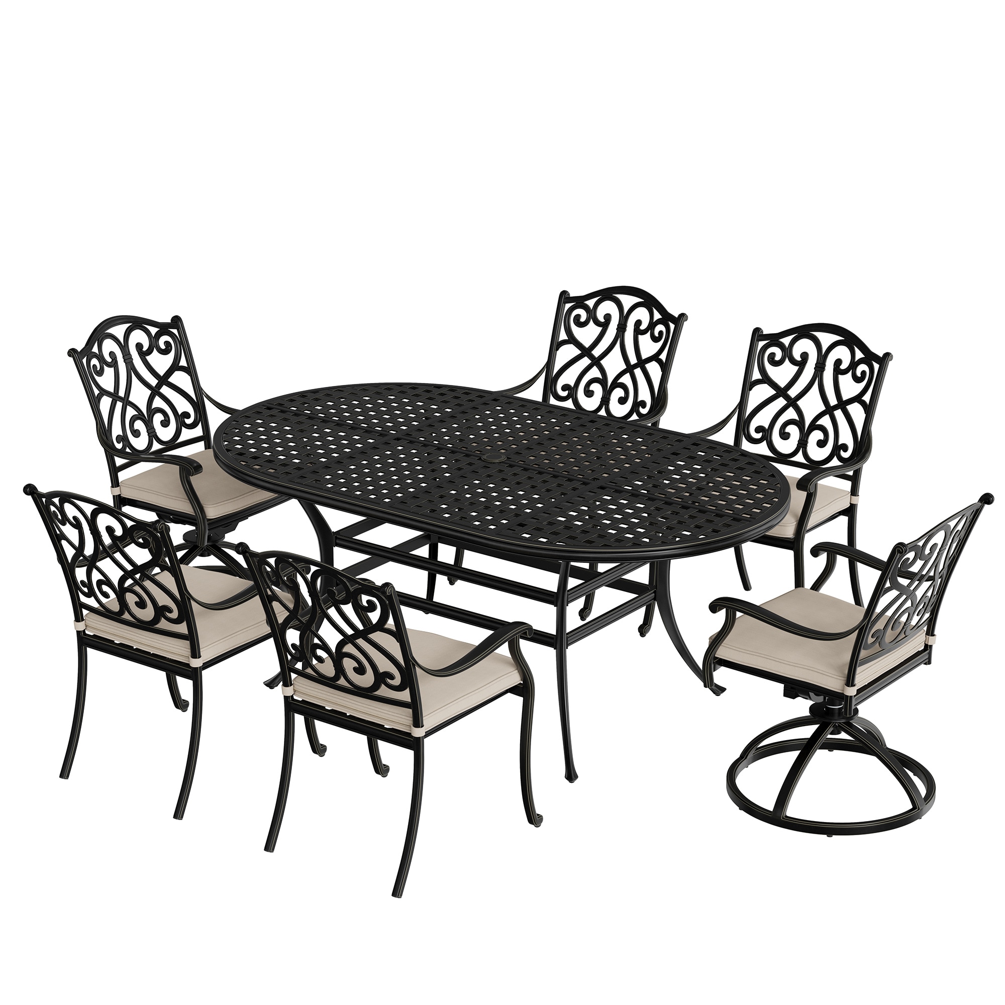 CASAINC CA-IVY203-1112 Patio Dining Set 7 -Piece Black Patio Dining Set Extendable Table Aluminum Oval Table with 6 Off-white Cushions Stackable Swivel Chairs