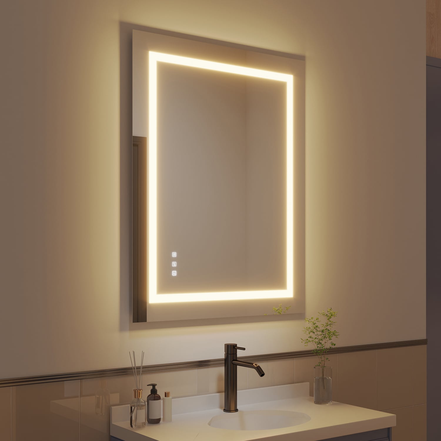 waterpar WPLO-2180 Frontlit 28-Inches x 36-Inches Polished Frameless Rectangle Dimmable Lighted Fog Free Bathroom Vanity Mirror ( Clear )