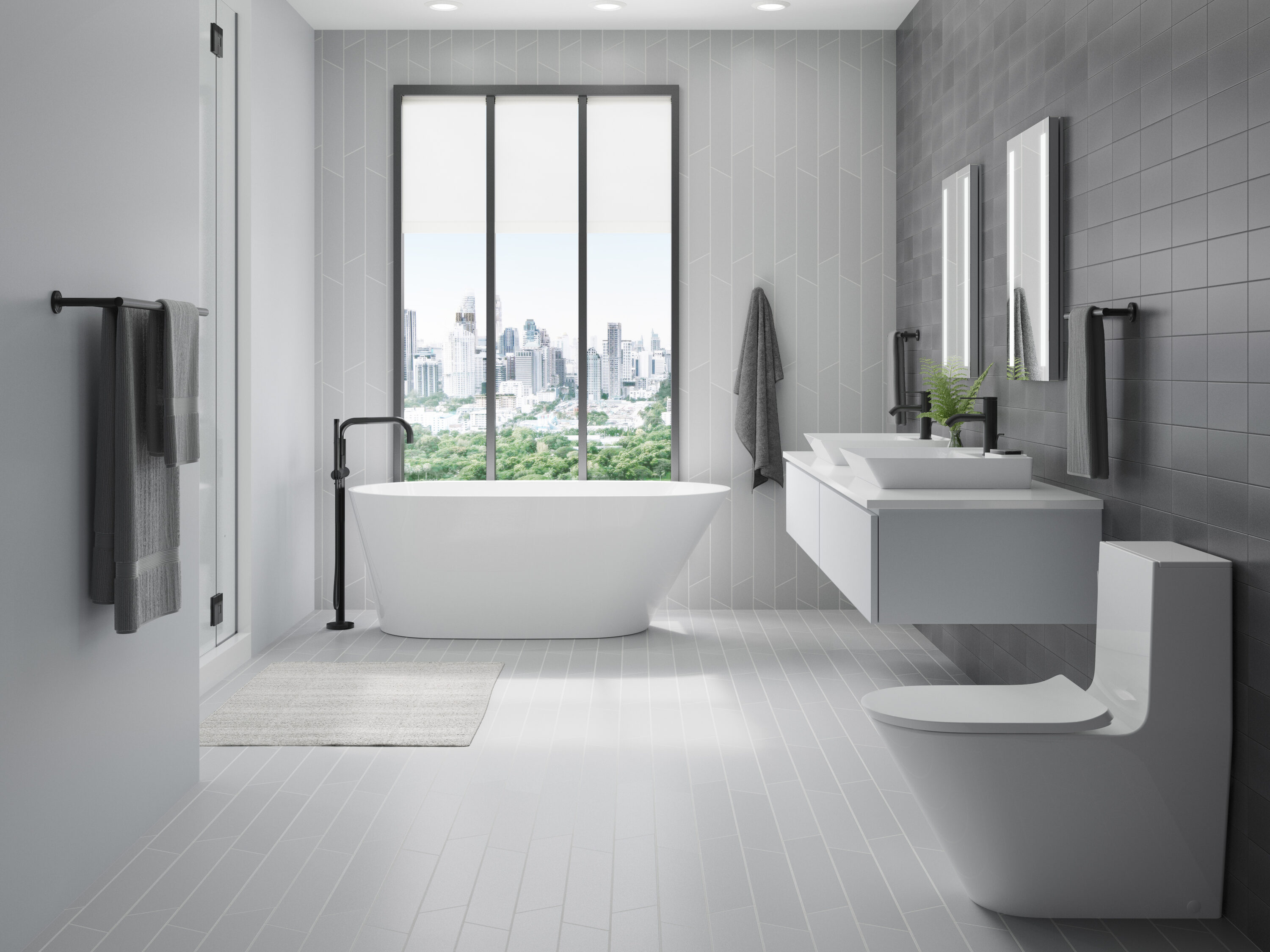 Matte Black Modern Floor-Mount Bath Filler with Handshower