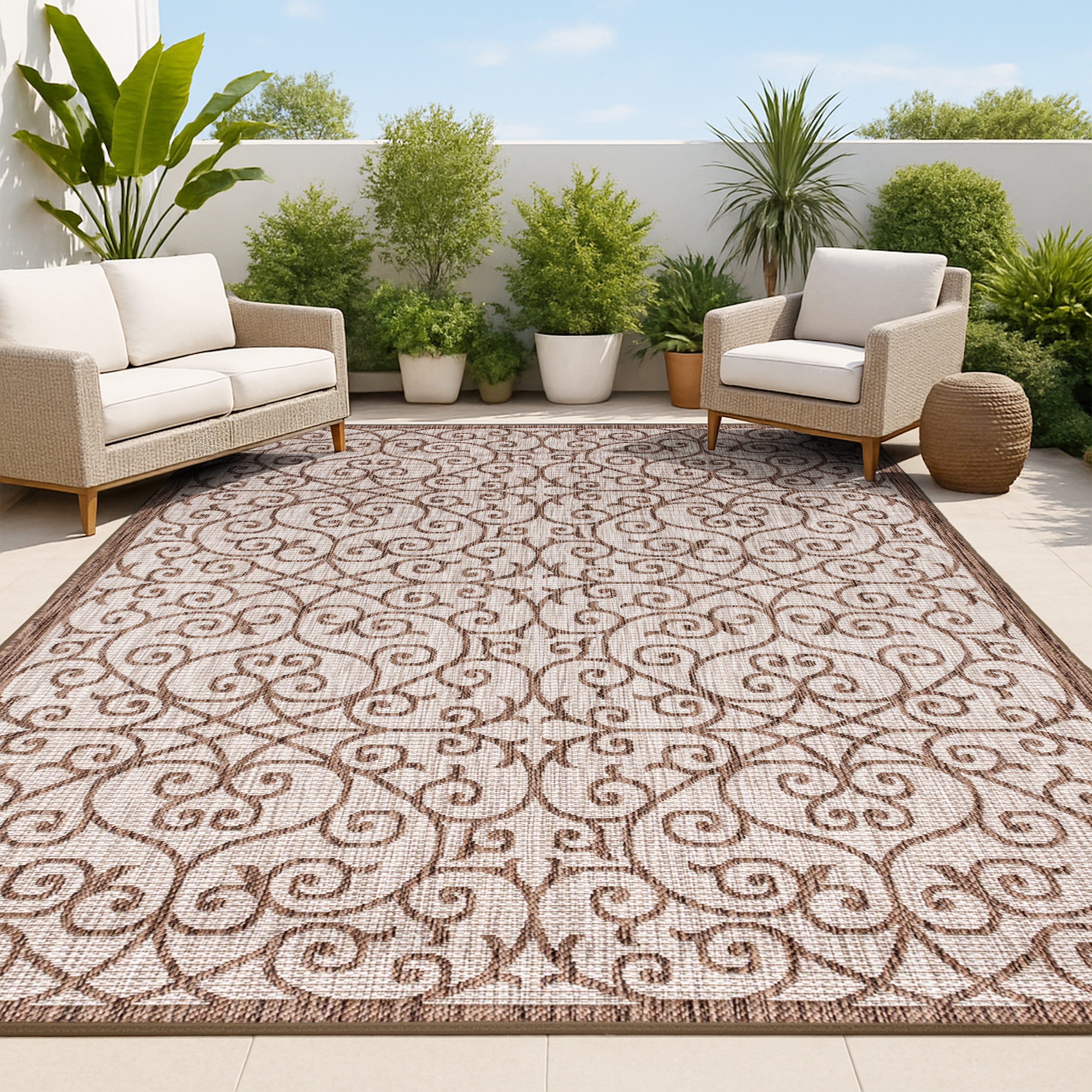 JONATHAN  Y SMB107C-8 Santa Monica Madrid Filigree Textured Weave 8 x 10 (ft) Loomed Polypropylene Taupe/Espresso Rectangular Indoor/Outdoor Border Coastal Area rug