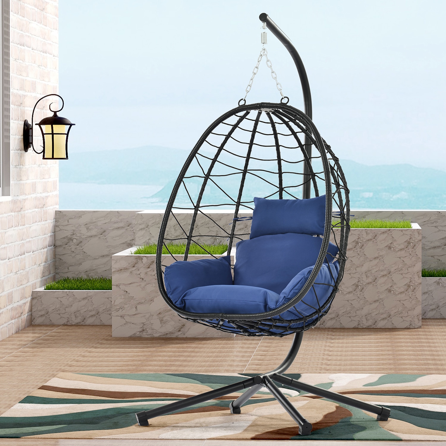 SINOFURN Wicker Black Wicker Frame Hanging Egg Chair with Blue ...