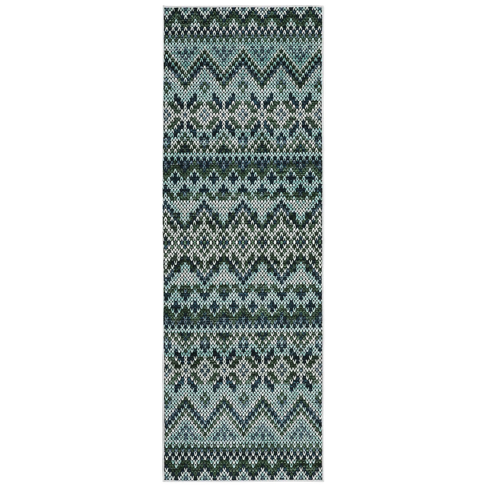 Qeetex LSN-PHK-34RNFQAL 2 x 6 ft Polyester Cashmere Blue Green Rectangular Hallway Bathroom Entryway Kitchen Office Foldable Geometric Modern Washable Area Rug
