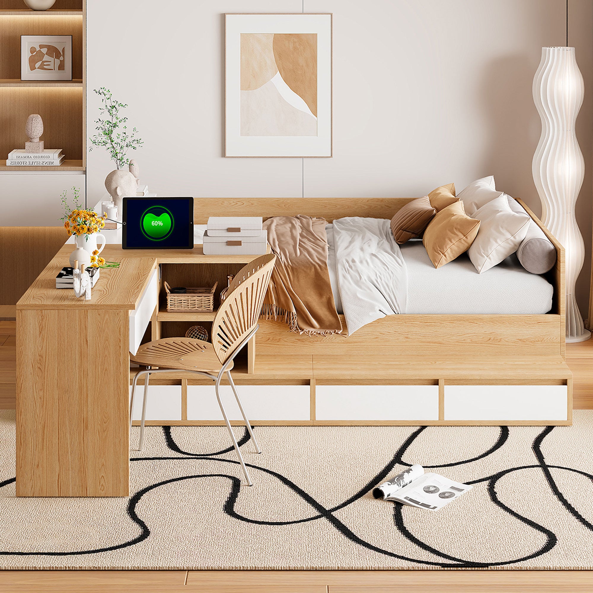 ModernLuxe L3P-N820S00059N Full size Wooden Platform Bed with 6 Drawers Shelves and Dressing Table Natural