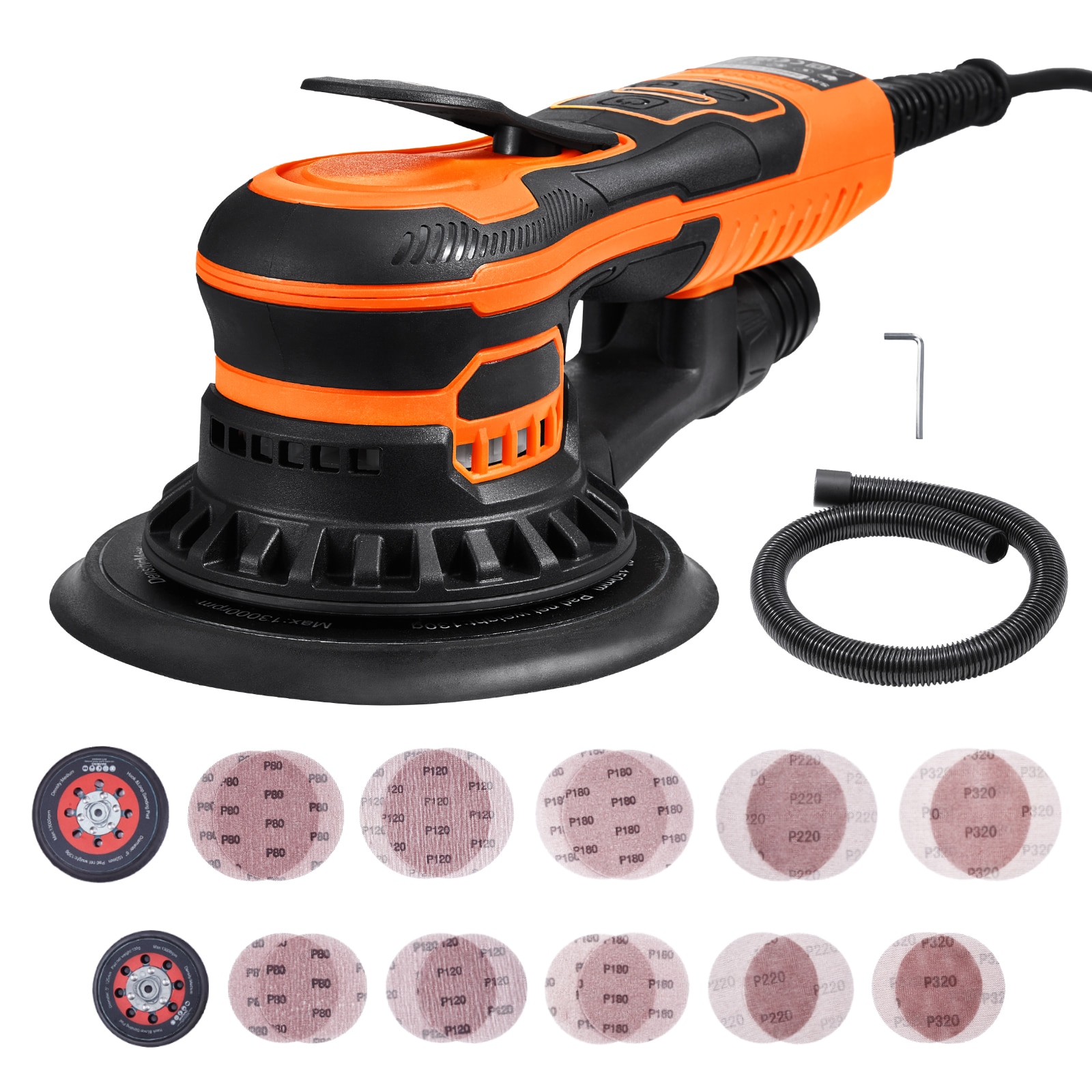 VEVOR SCGDSGJBS56I05958V1 Random Orbital Sander 5 and 6-Inch 350W Brushless Orbital Sander 10 000 PRM 6 Variable Speed Electric Palm Sander with 20PCS Sandpapers Dust Connector and Hose for Woodworking Detailing Sanding