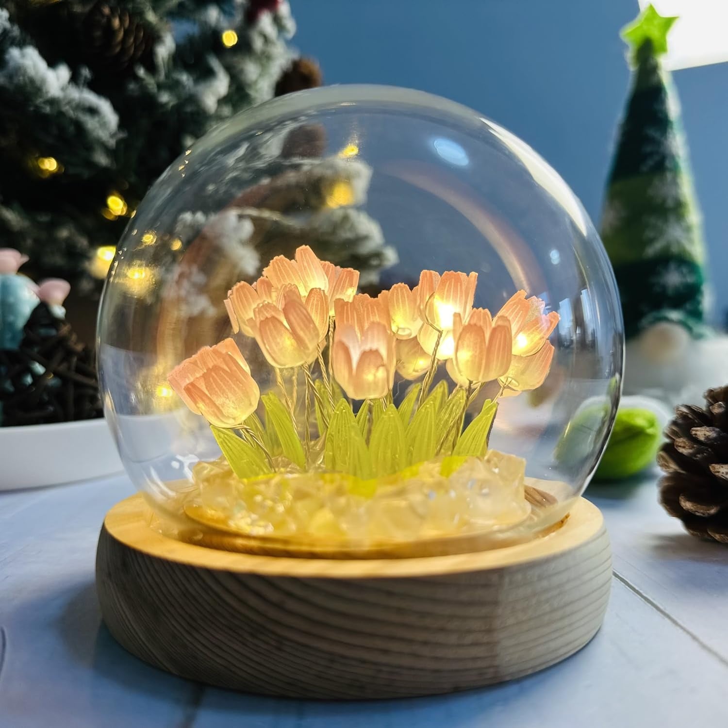 Oyezvary Tulip Lamp Night Light Glass Dome Artificial Flower Table Lamp Bedroom Desk Decoration Gift for Women Mom Daughter Girlfriend Christmas