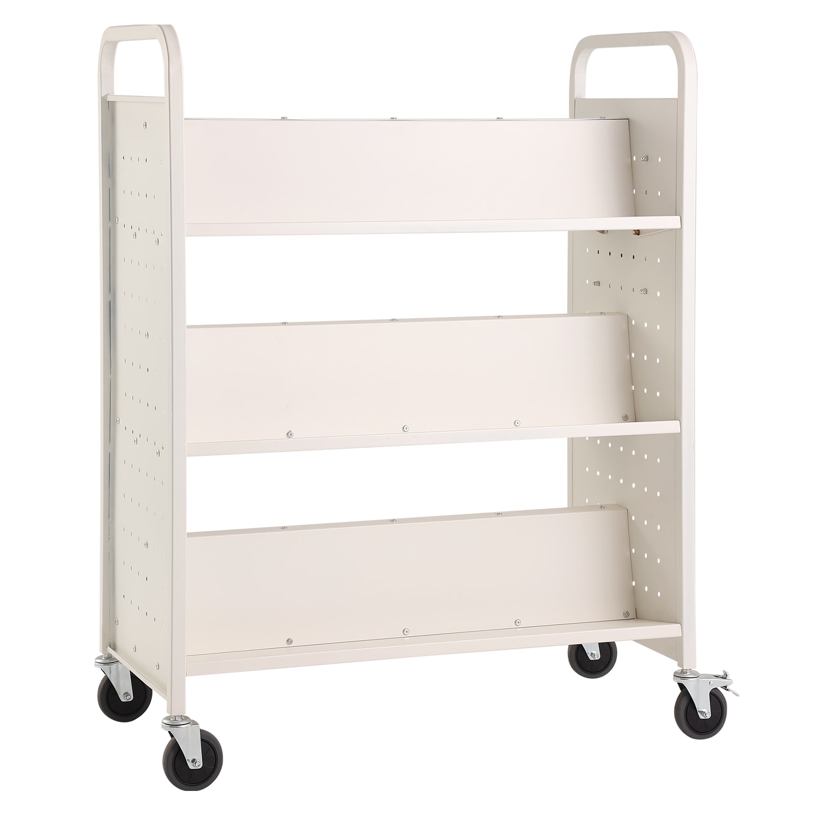 White Double-Sided Rolling Book Cart with Lockable Wheels