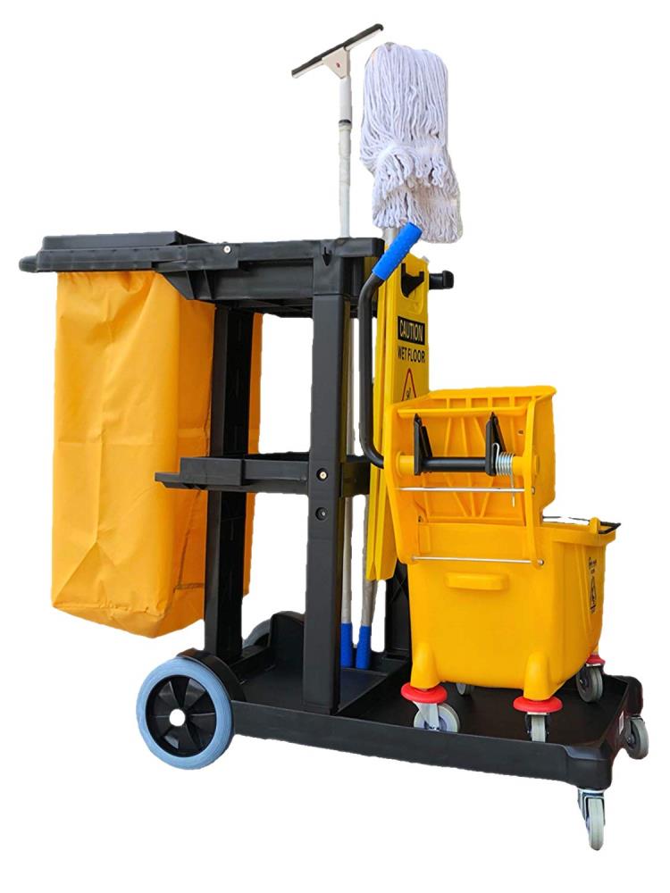 Dryser Commercial Janitorial Cleaning Cart on Wheels - Housekeeping Caddy  with Shelves and Vinyl Bag