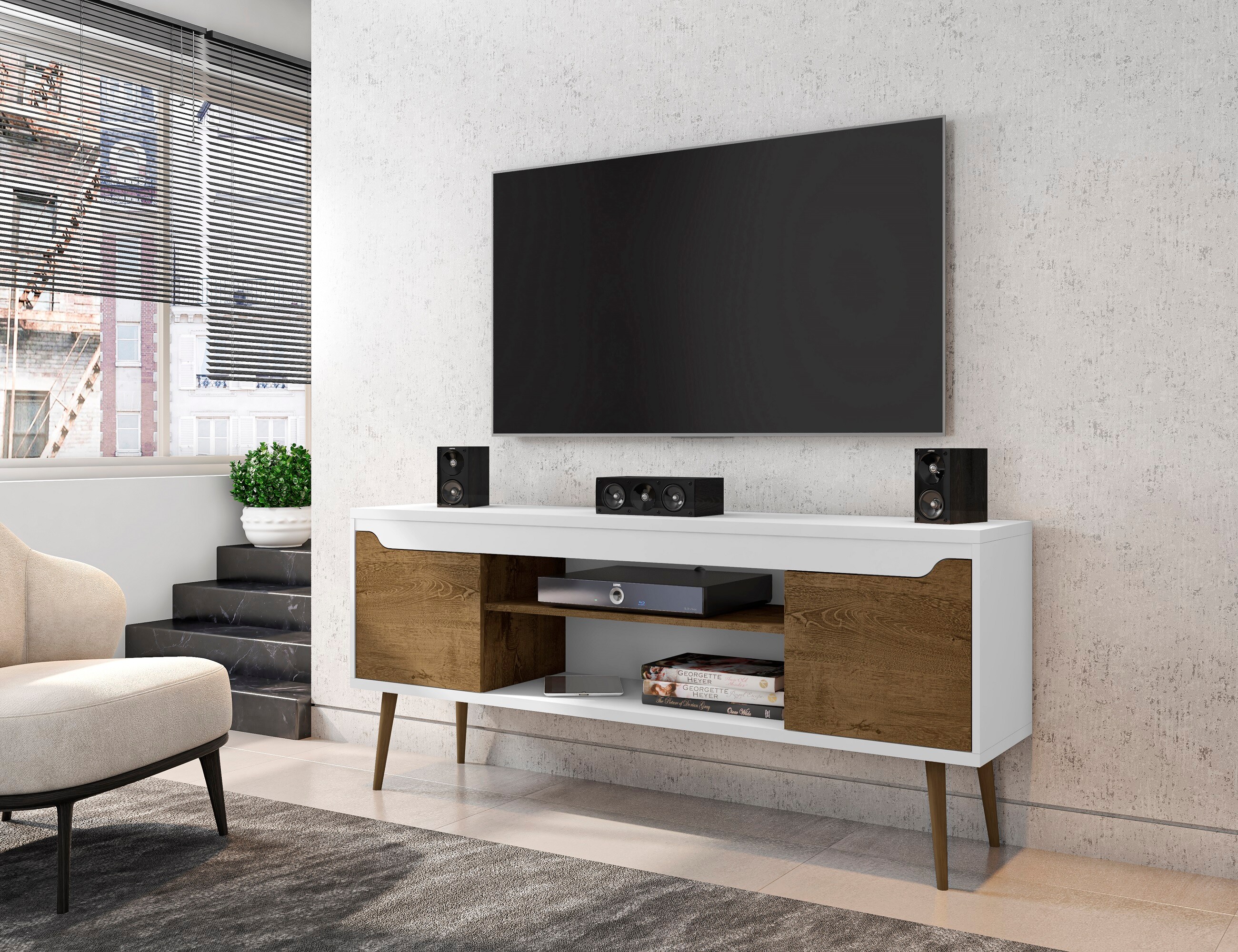 Manhattan Comfort 228BMC69 Bradley Modern/Contemporary White and Rustic Brown Tv Stand (Accommodates TVs up to 60-in)