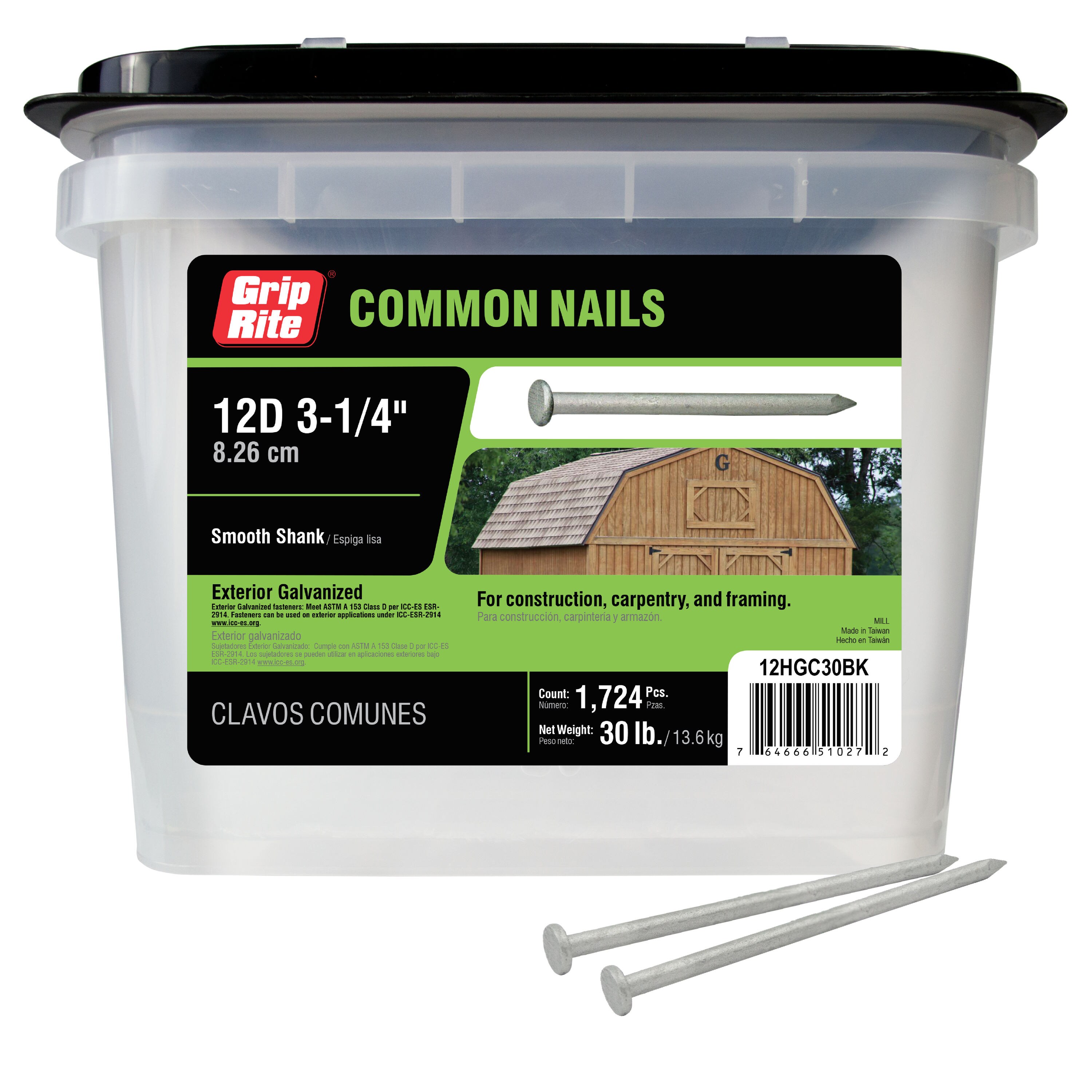Grip-Rite 12HGC30BK 3-1/4-in 9 -Gauge Hot-dipped galvanized Smooth Shank Common Nails 1724 -Per Box