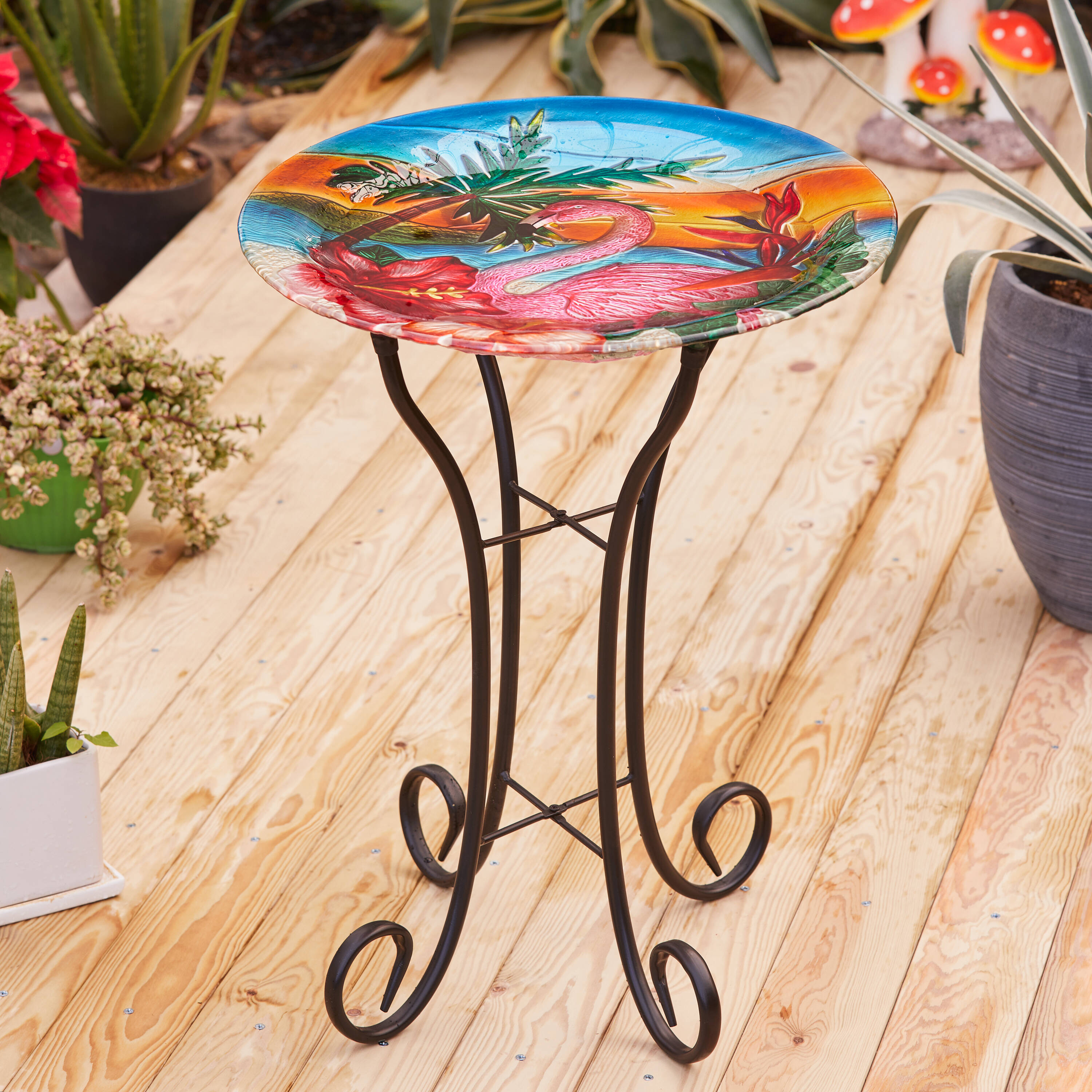 LuxenHome 22.5-in H Pink, Blue, Orange Glass Complete Birdbath at Lowes.com