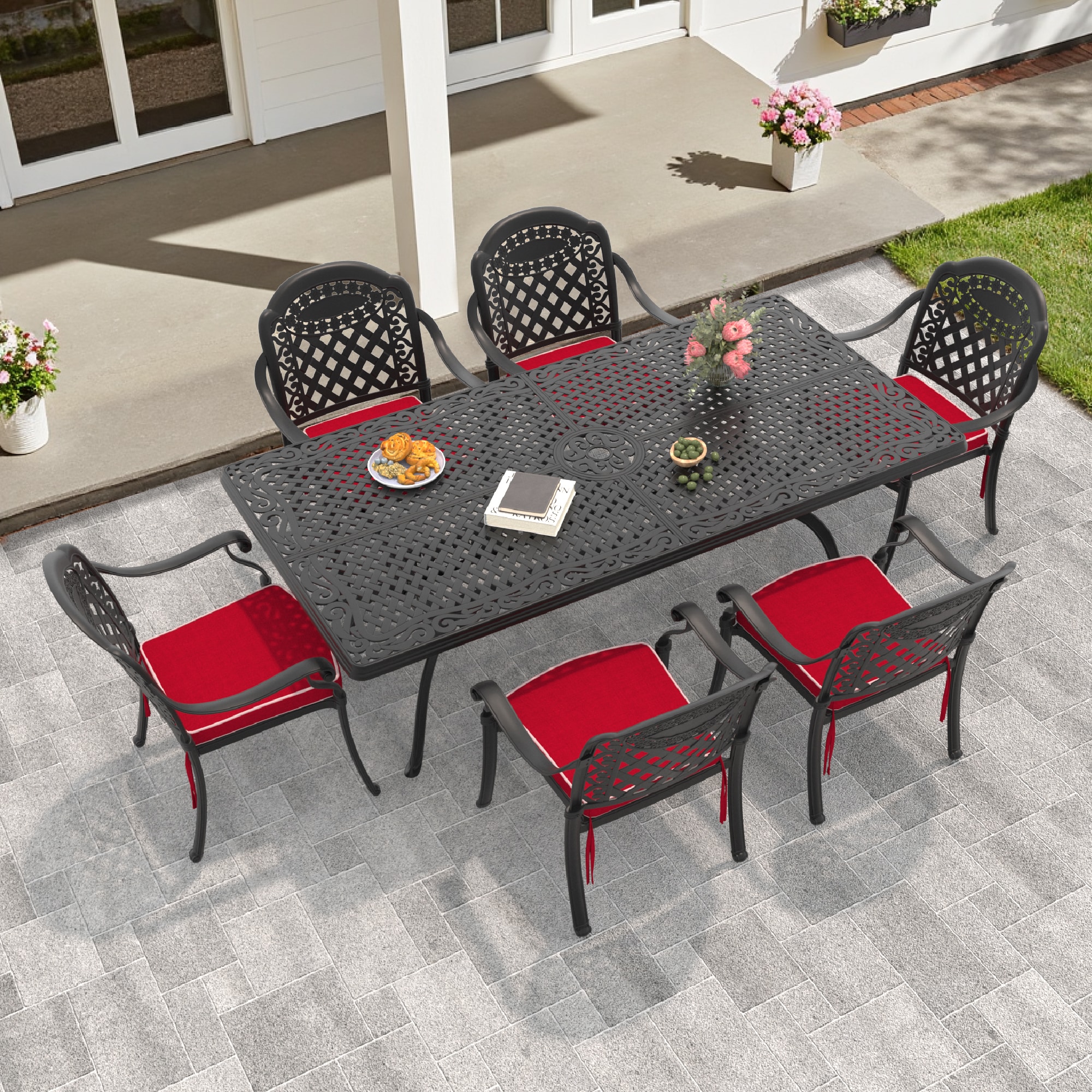 nicesure SLBK6008CZ6A1175RC 7 -Piece Black Patio Dining Set Aluminum Rectangle Table with 6 Cushions Stackable Stationary Chairs