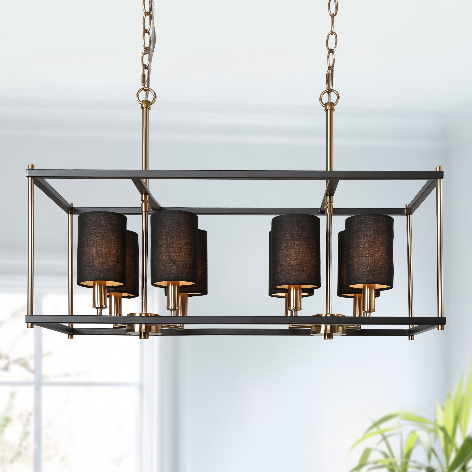 Uolfin I6RFBJ-LWS24355-A7 8 -Light Matte Black and Brass Gold with Geometric Transitional Linear Large Hanging Pendant light
