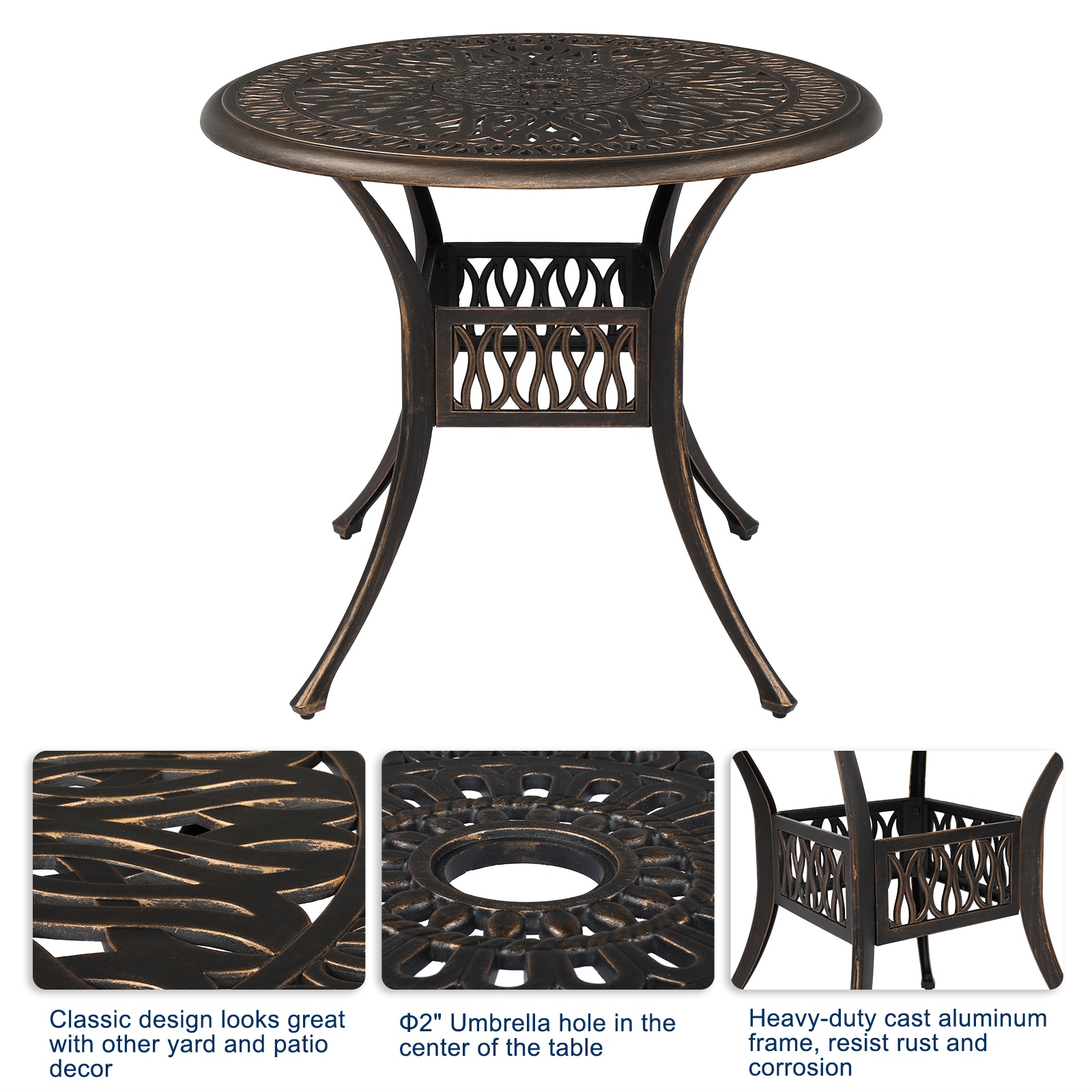 Round Deep Bronze Aluminum Outdoor Dining Table with Umbrella Hole