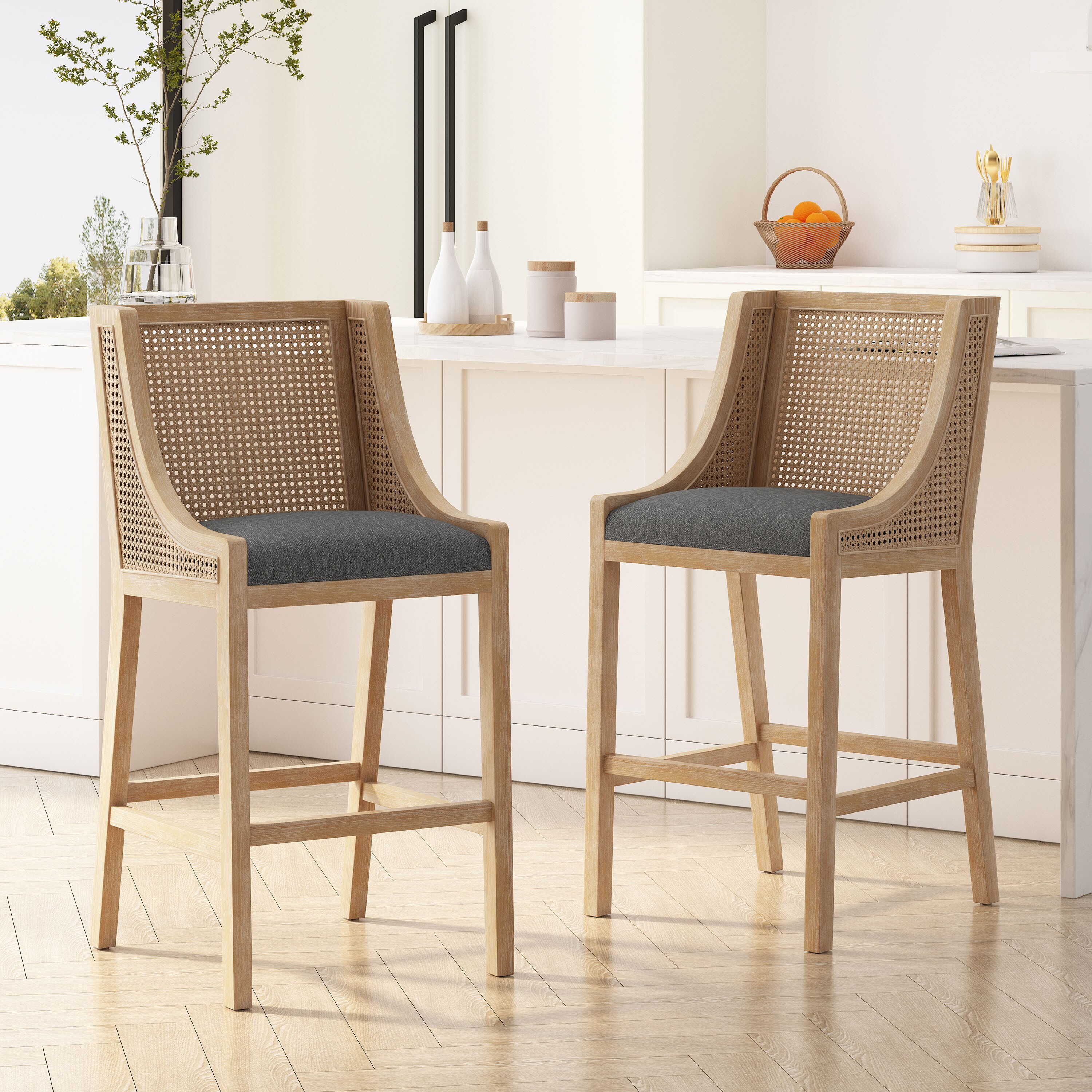 Charcoal and Natural Wood Cane Back 30" Barstools, Set of 2
