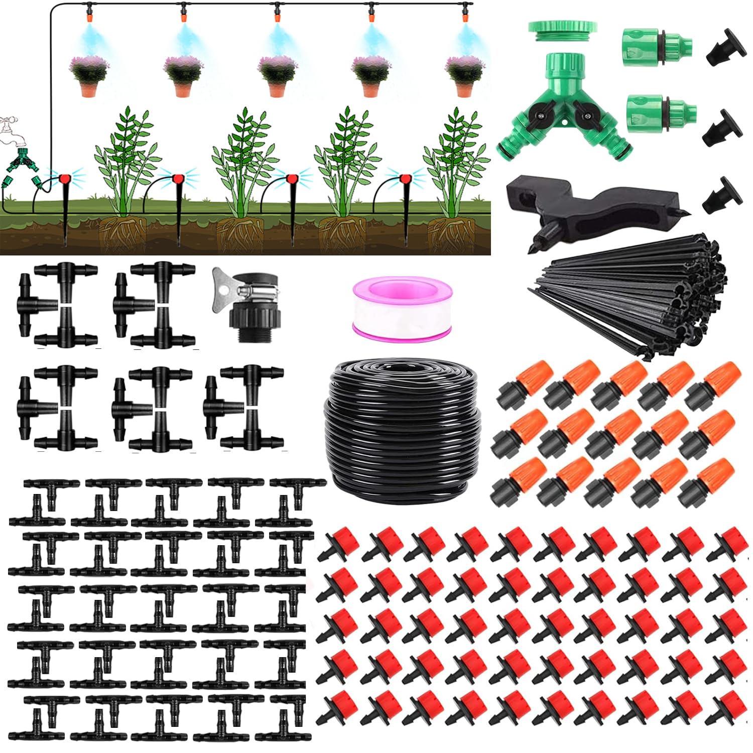 KIWDZFU  Drip Irrigation System Kit 164Ft Adjustable Garden Watering Kit for Greenhouse Yard Lawn Plants Includes Tubing Hose and Accessories