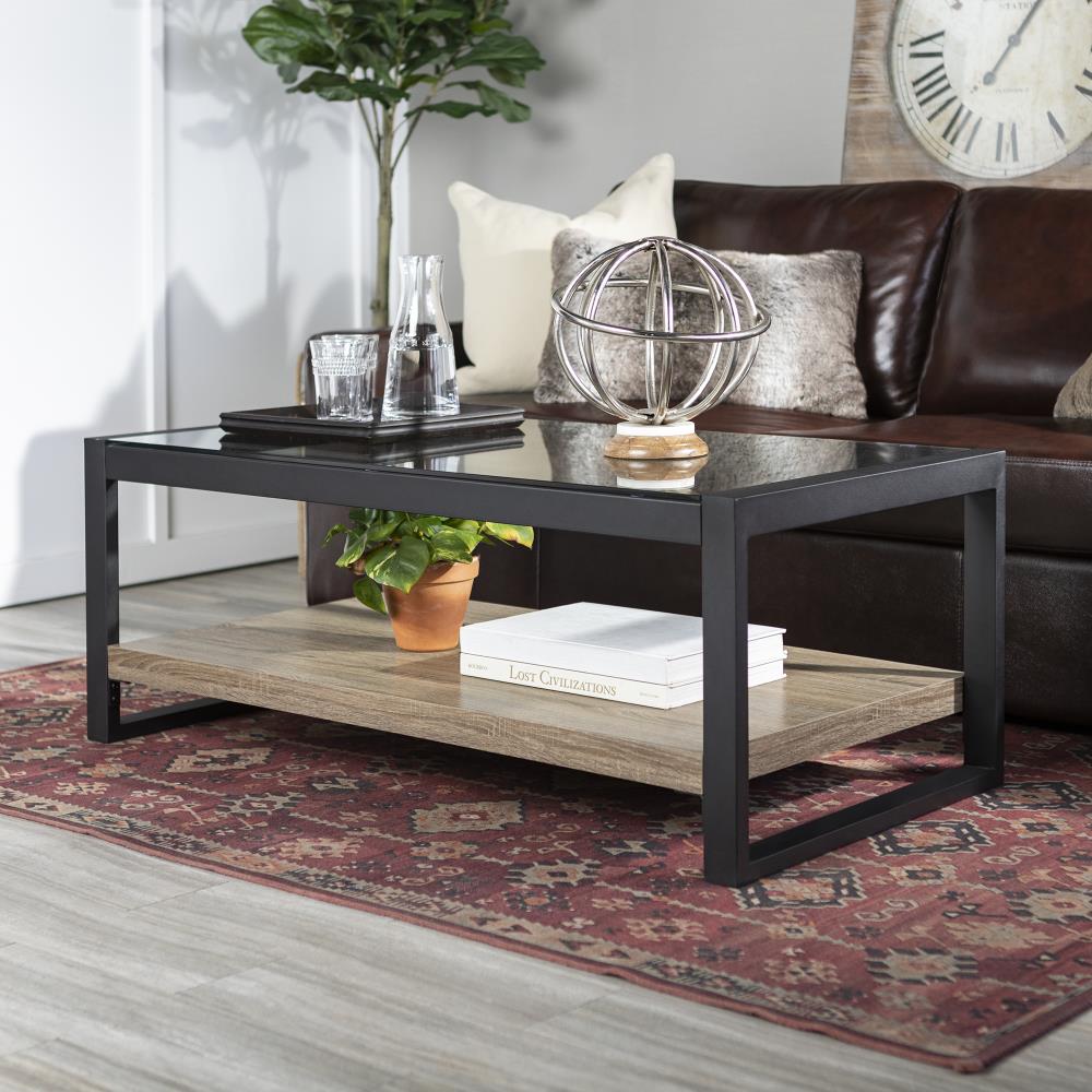 Walker Edison Transitional Gray Glass Top Coffee Table with Lower Shelf