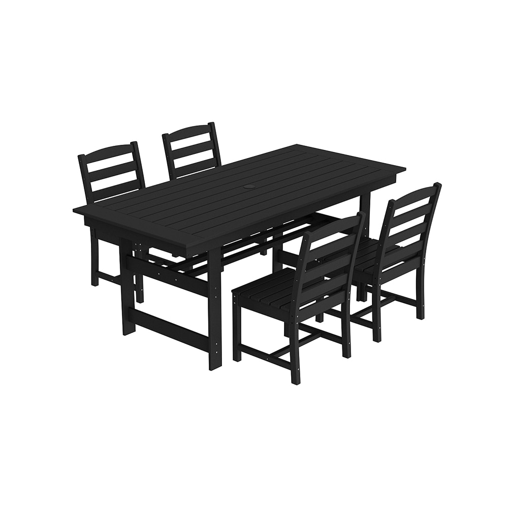 Homsee V-KF510001+02X3B 4-Piece Black HDPE Rattan Outdoor Dining Set with Rectangle Table And 6 Stackable Chairs