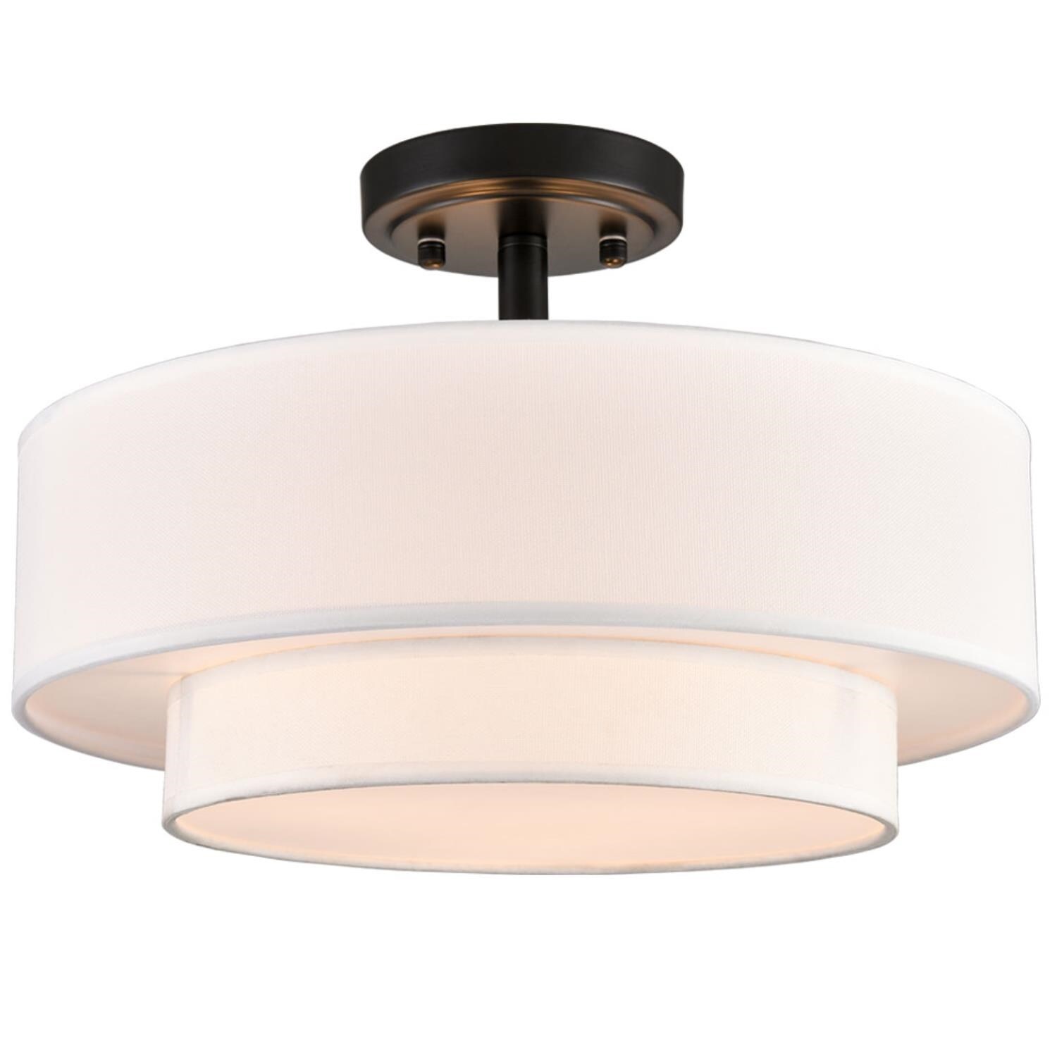 Polished Black Dual-Layer Drum Fabric Shade Semi Flush Mount Light