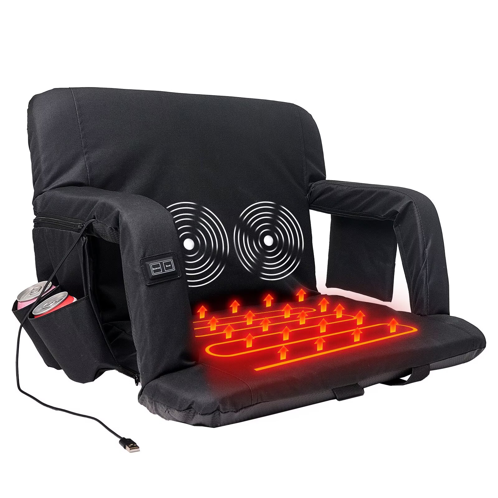 DOCRED  Heated Massage Stadium Seats with Back and Arm Support for Sports Events Outings Hiking 3 Levels of Heat and Massage 6 Reclining Positions 21 inch