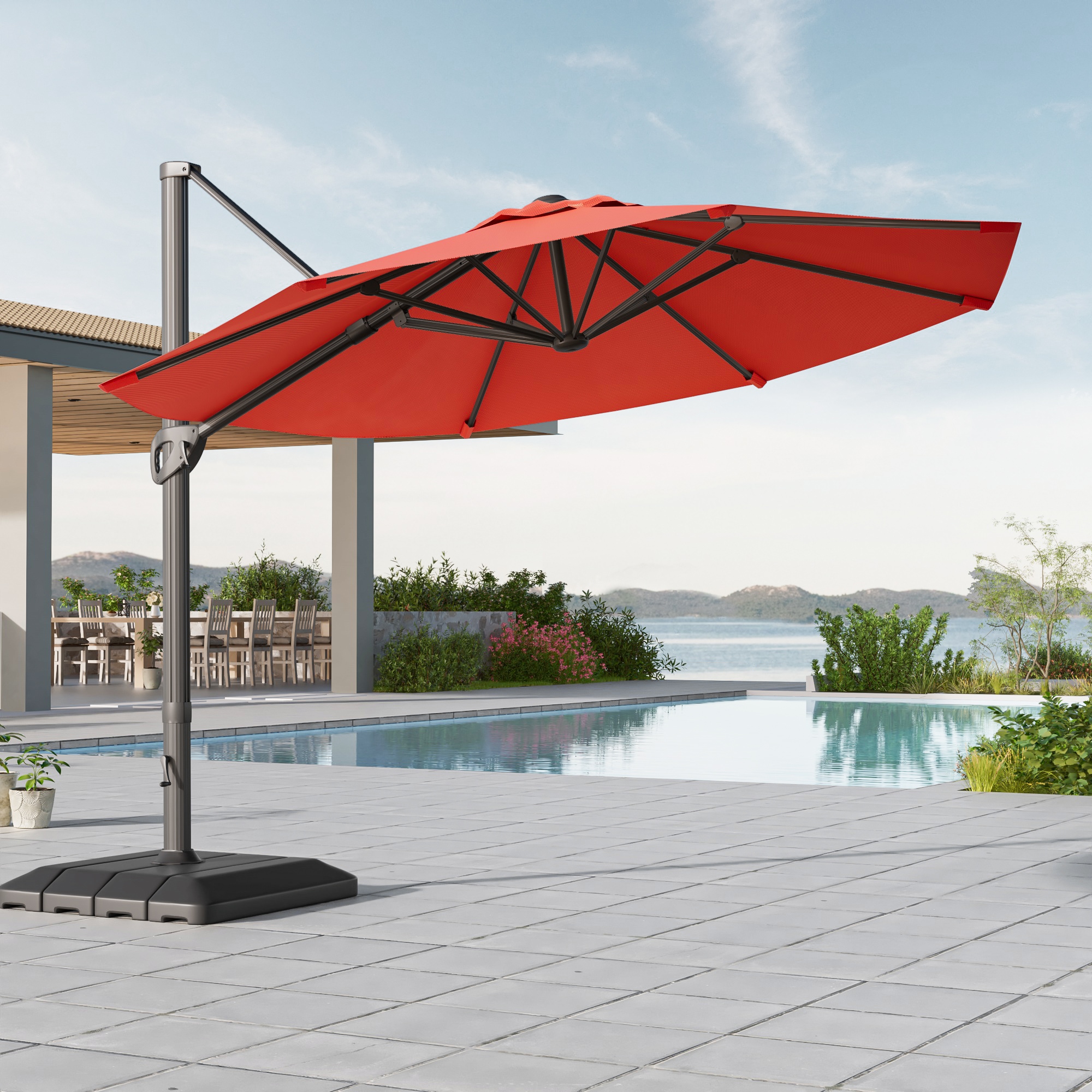 ACEGOSES LW-HCT-TJ11RD 11-ft Aluminum Red No-tilt Cantilever Patio Umbrella with Base