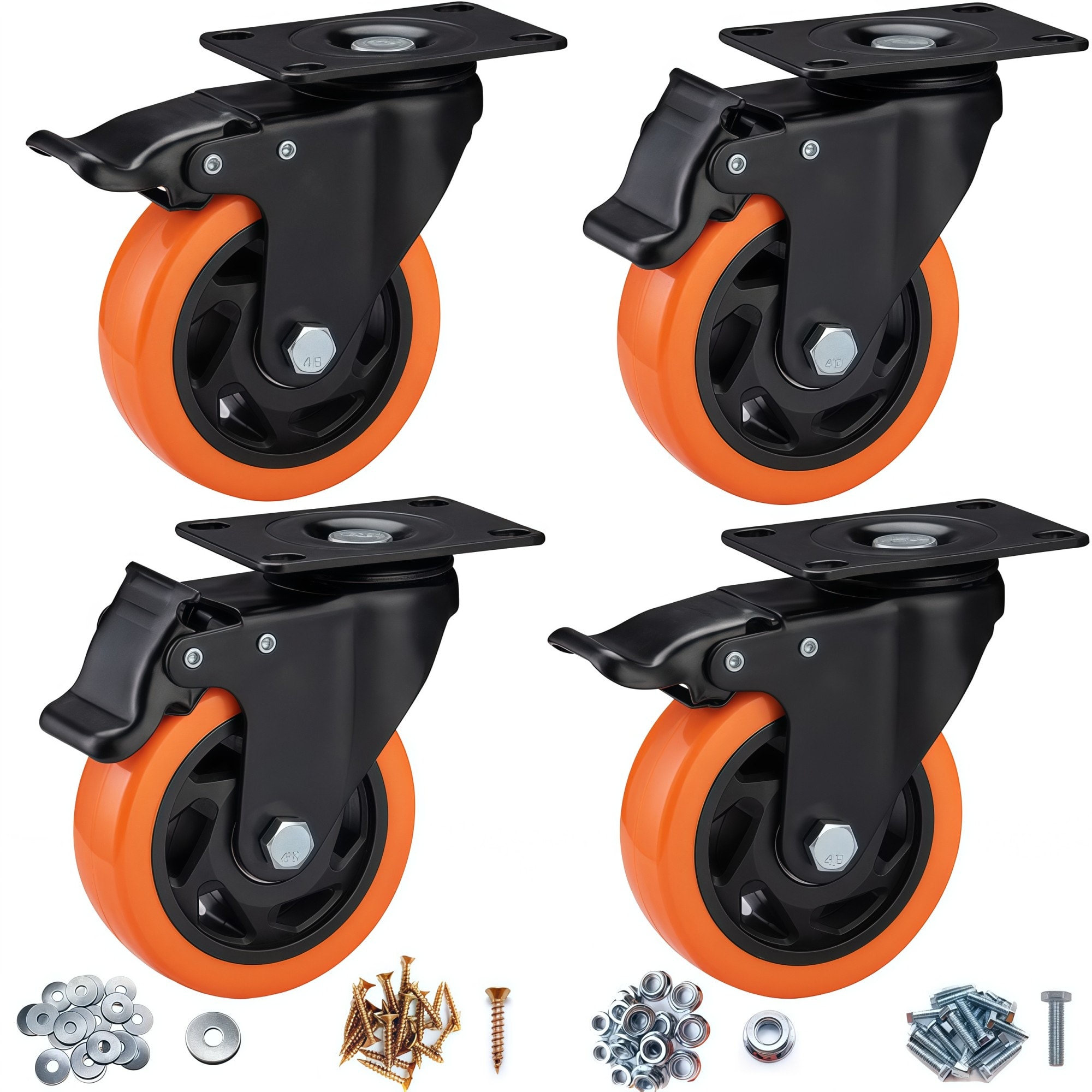 Numhew 4in W 4-Feature Orange Polyurethane Plate Mount Swivel Caster Wheels with Brake Set