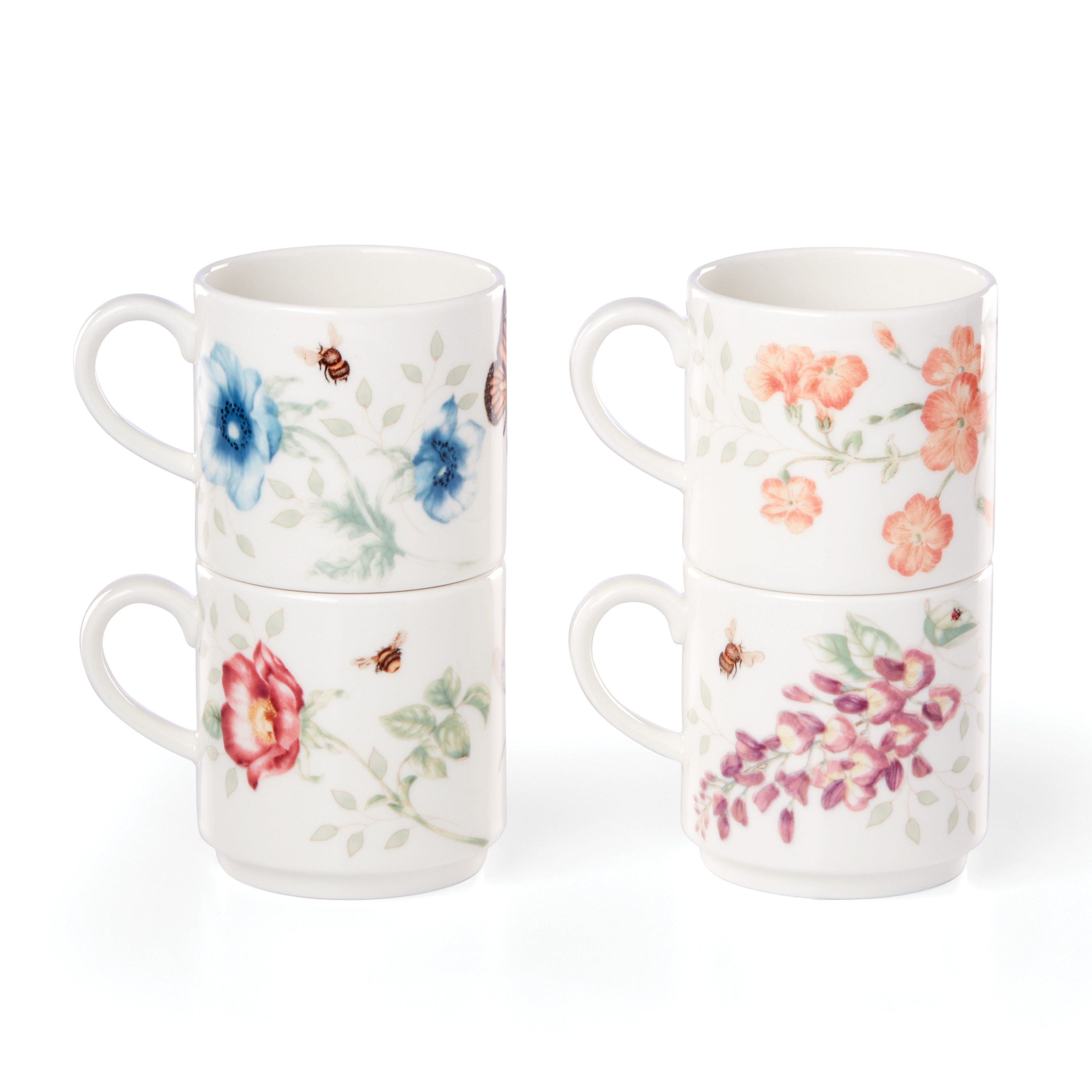 White Ceramic Butterfly and Floral Stacking Mug Set