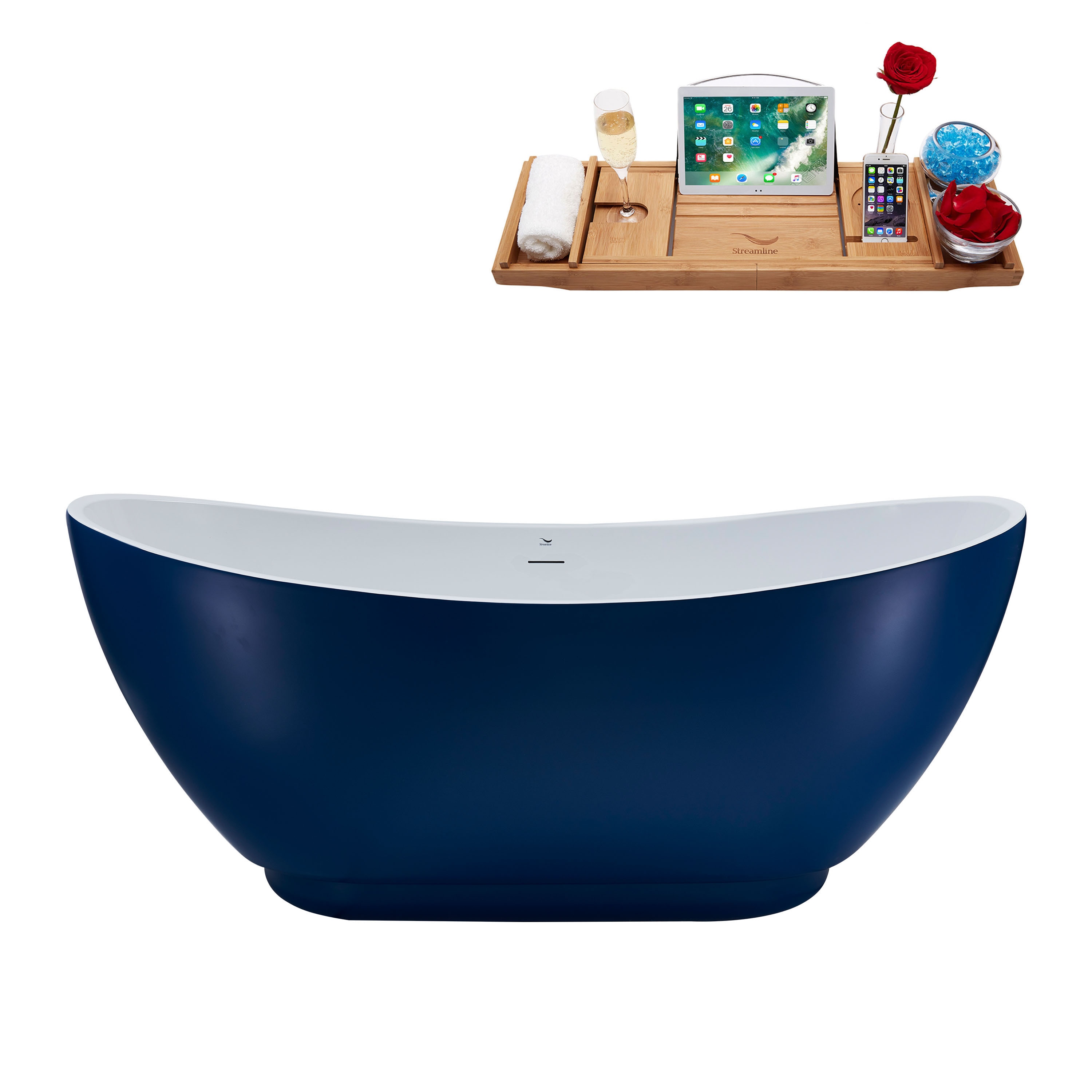 Streamline N595GLD 28.3-in x 62.2-in Matte Dark Blue Acrylic Oval Freestanding Soaking Bathtub with Drain (Center Drain)